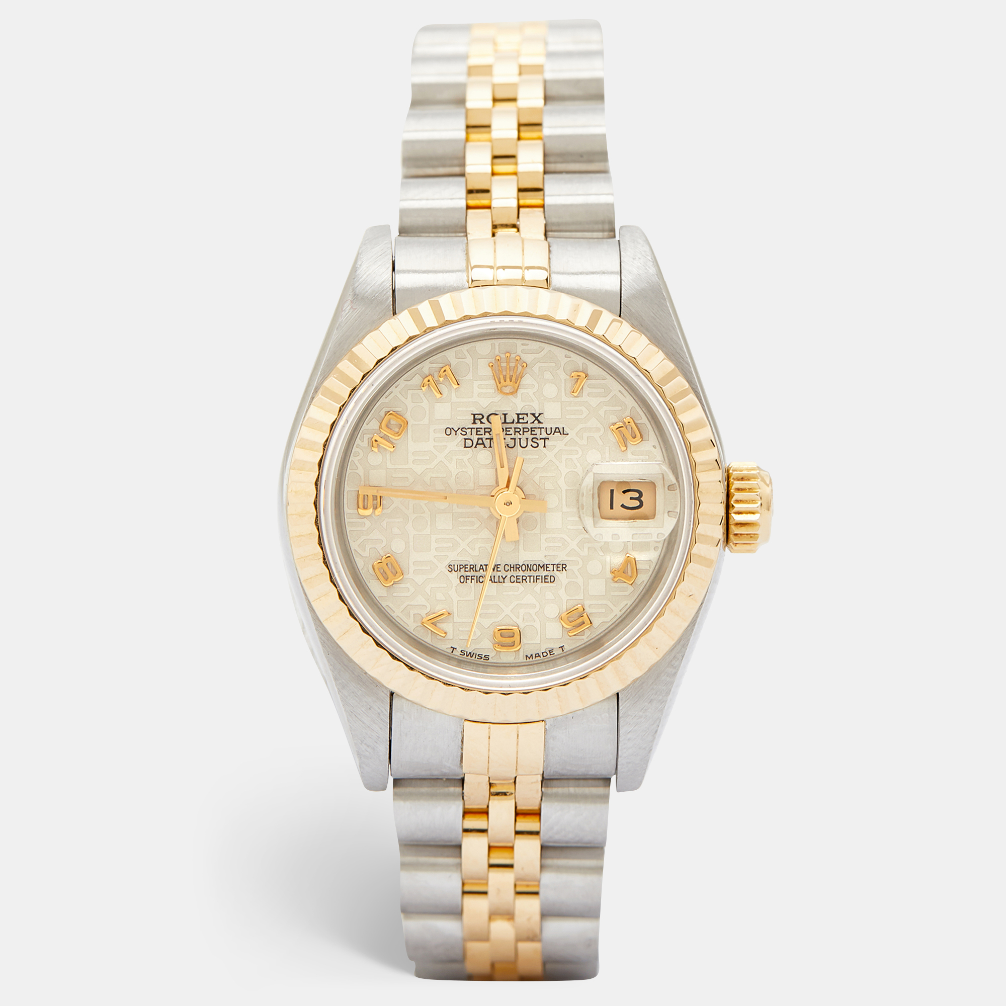 مملوكة مسبقًا Rolex Ivory 18K Yellow Gold And Stainless Steel Datejust 69173 Automatic Women's Wristwatch 26 mm