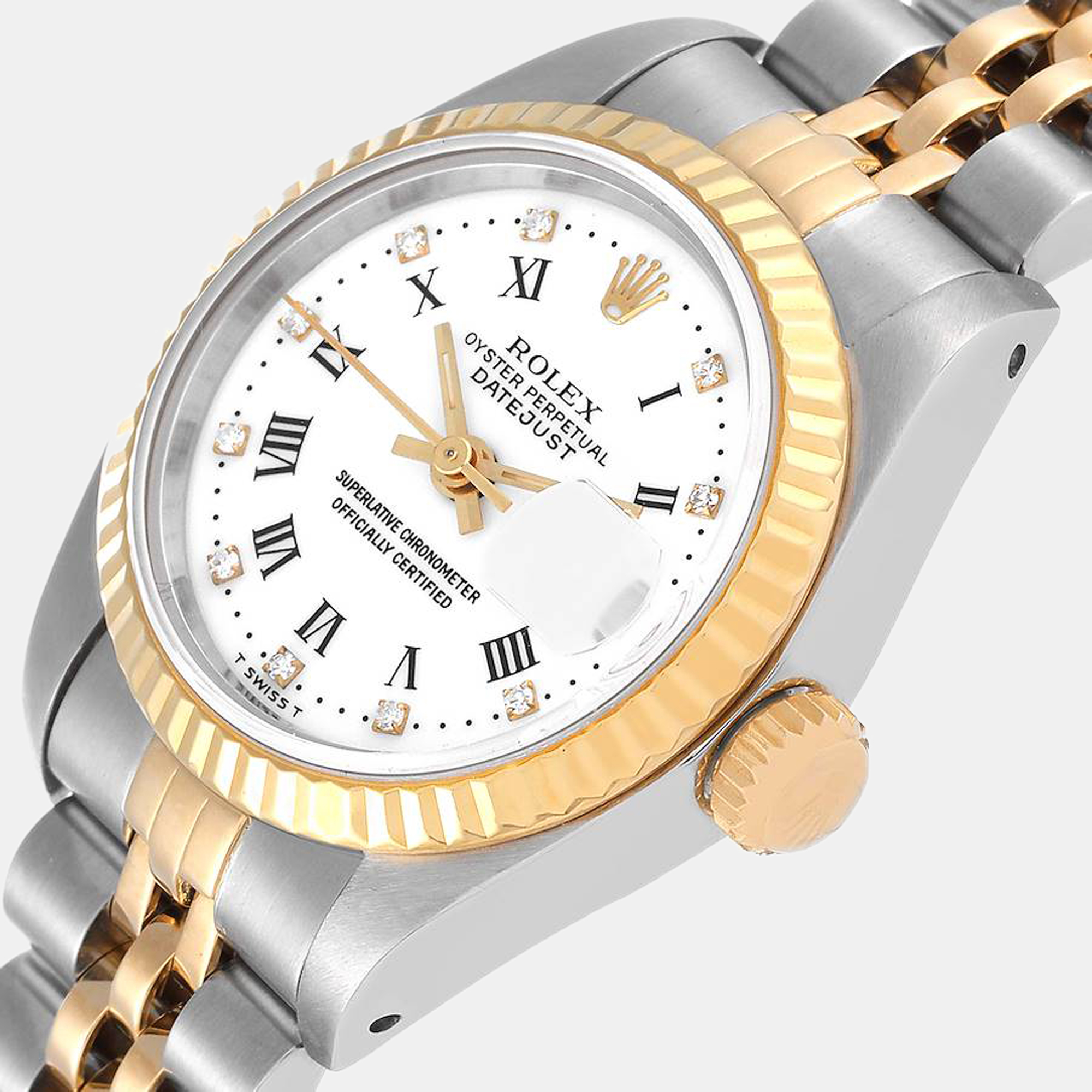 

Rolex White Diamond 18k Yellow Gold And Stainless Steel Datejust 69173 Automatic Women's Wristwatch 26 mm