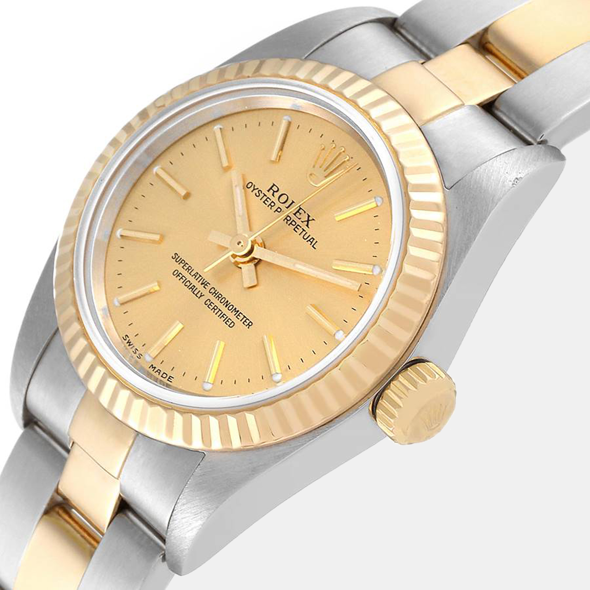 

Rolex Champagne 18K Yellow Gold And Stainless Steel Oyster Perpetual 76193 Women's Wristwatch 24 mm