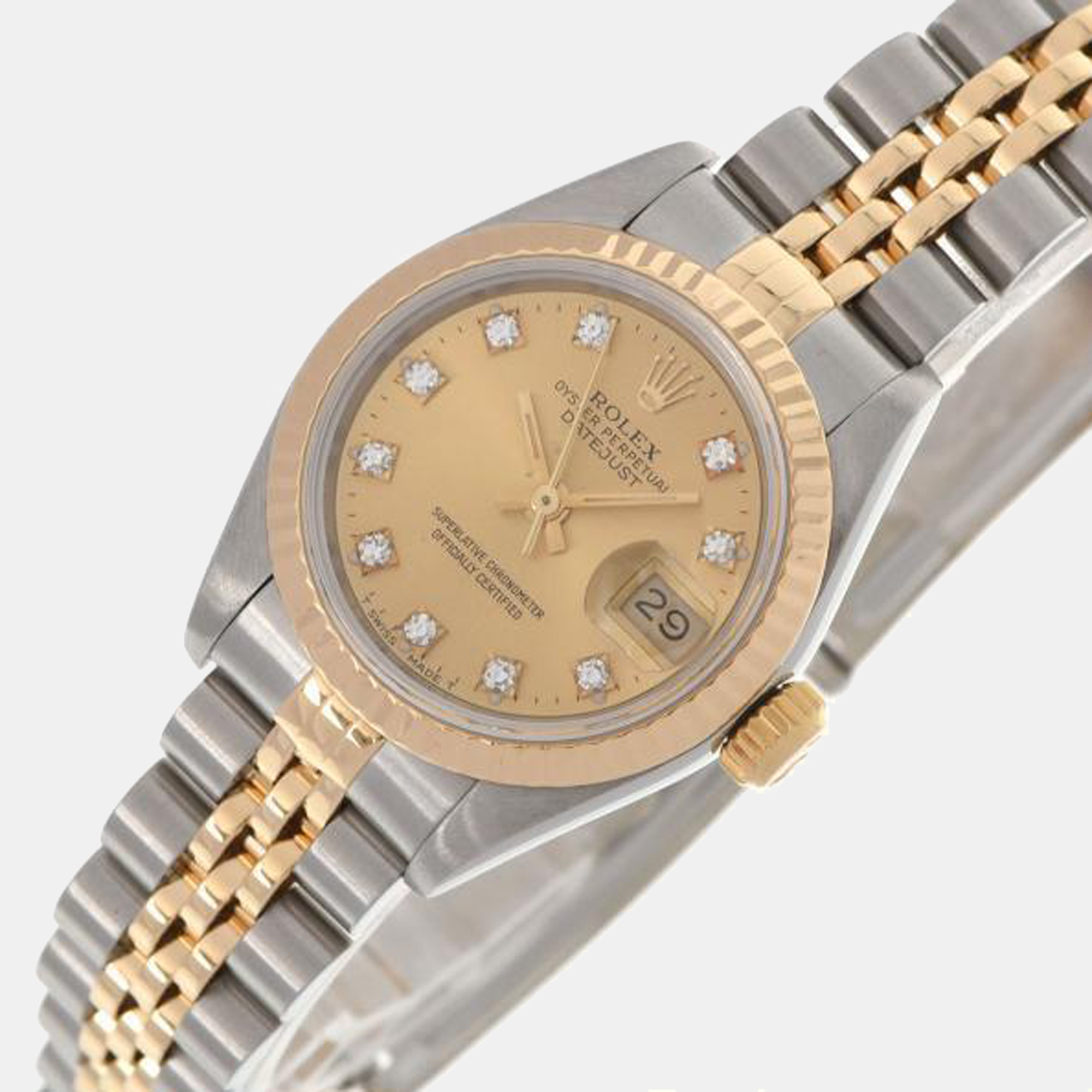 

Rolex Champagne Diamond 18k Yellow Gold And Stainless Steel Datejust 69173 Automatic Women's Wristwatch 26 mm