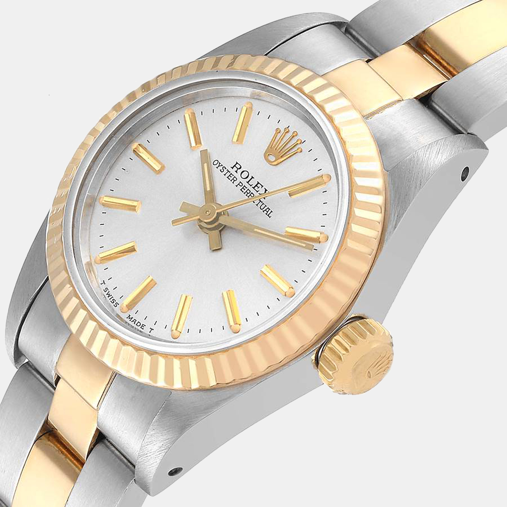 

Rolex Silver 18K Yellow Gold And Stainless Steel Oyster Perpetual 67193 Women's Wristwatch 24 mm