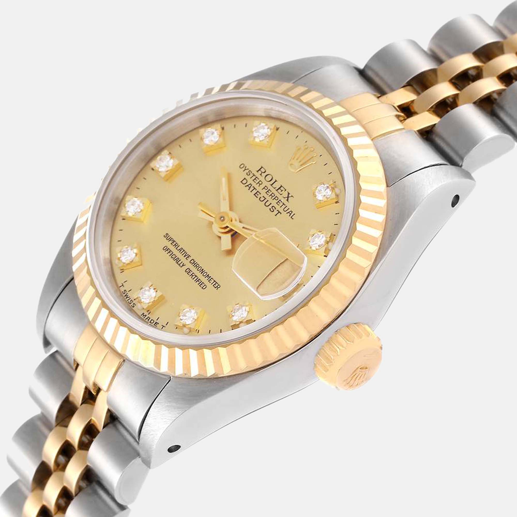 

Rolex Champagne Diamond 18k Yellow Gold And Stainless Steel Datejust 69173 Automatic Women's Wristwatch 26 mm