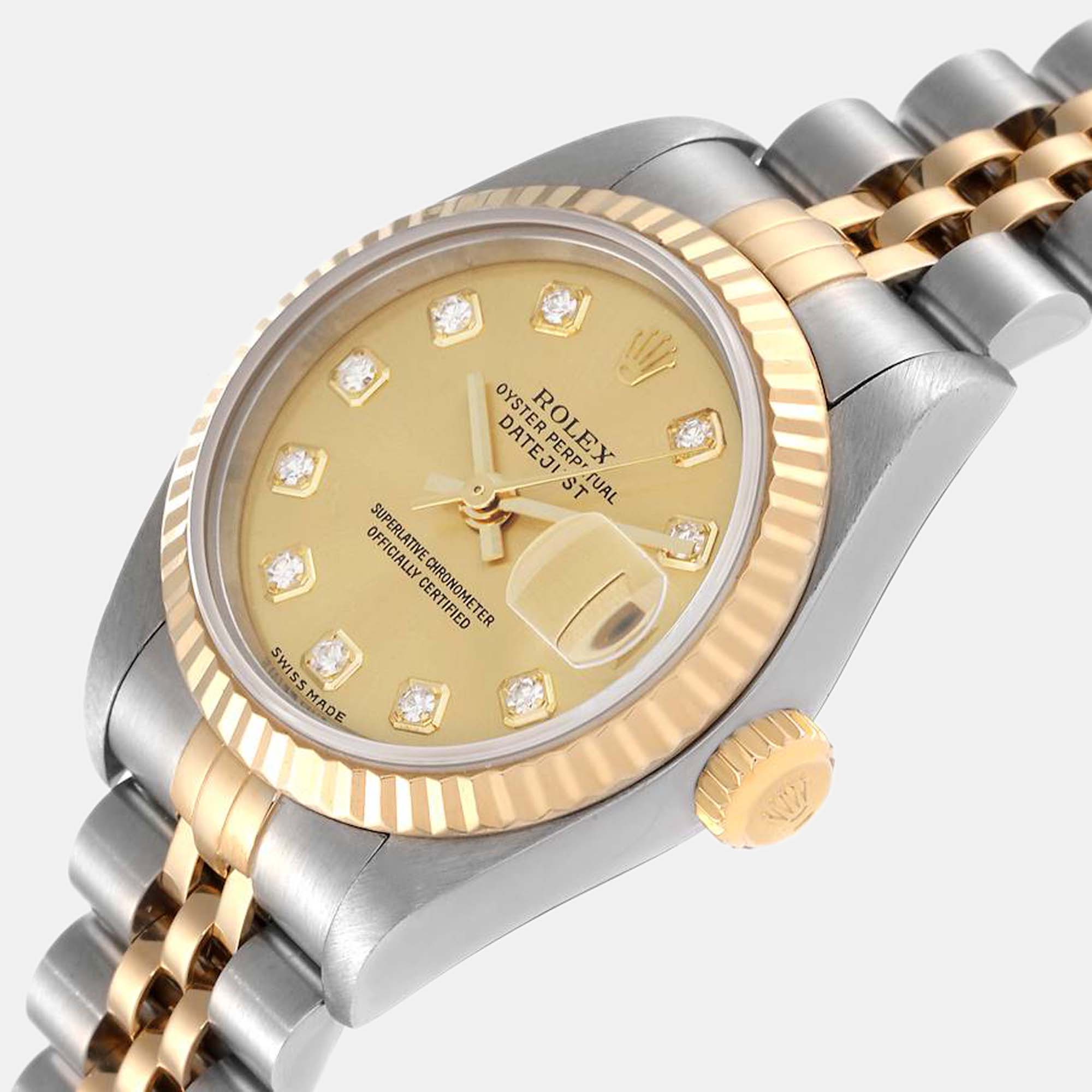 

Rolex Champagne Diamond 18k Yellow Gold And Stainless Steel Datejust 79173 Automatic Women's Wristwatch 26 mm