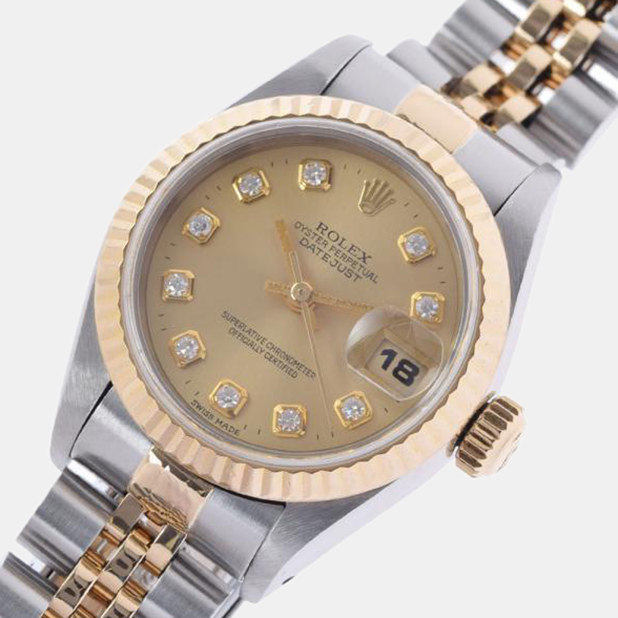 

Rolex Champagne Diamond 18k Yellow Gold And Stainless Steel Datejust 69173 Automatic Women's Wristwatch 26 mm