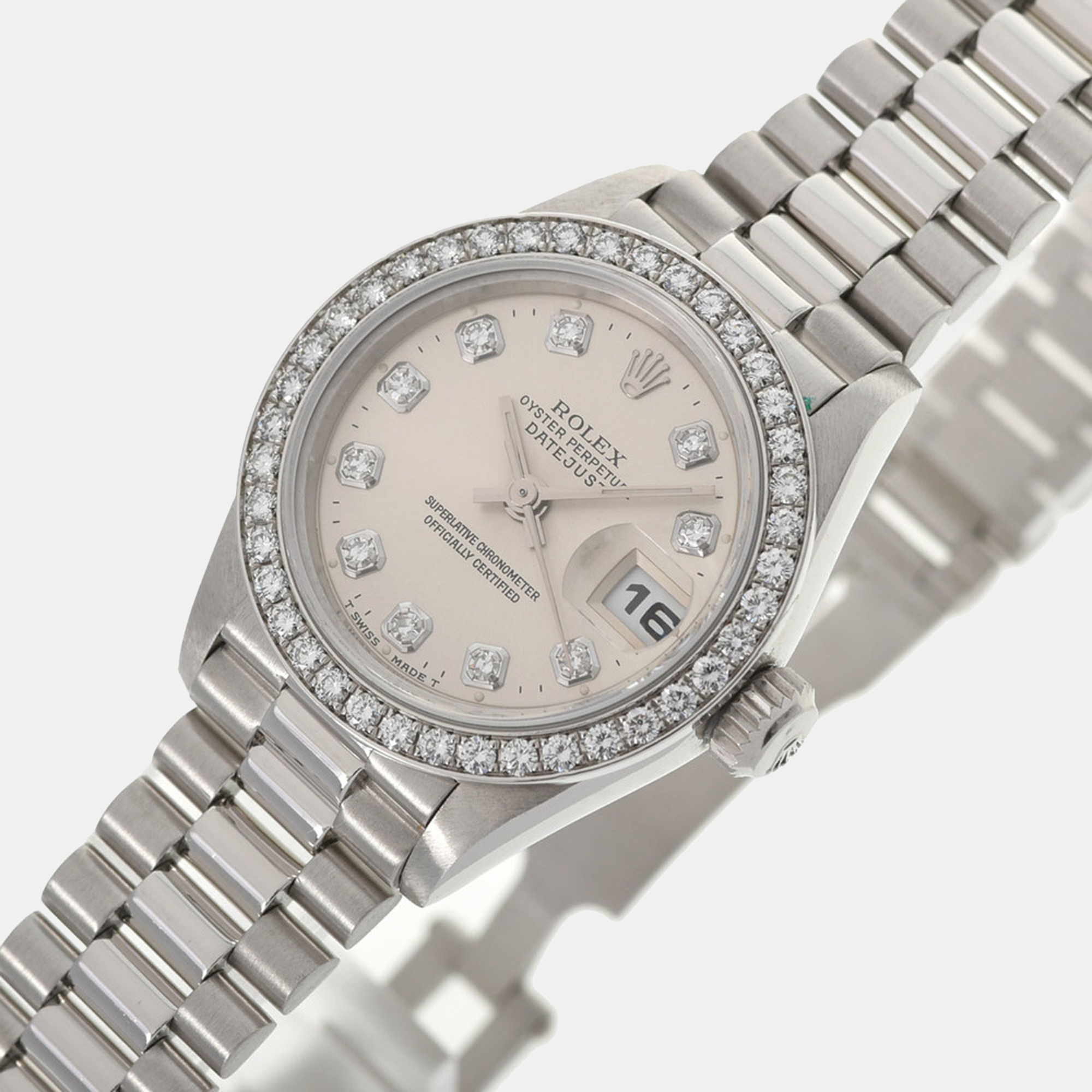 

Rolex Pink Diamond Stainless Steel Datejust 69136 Automatic Women's Wristwatch 26 mm