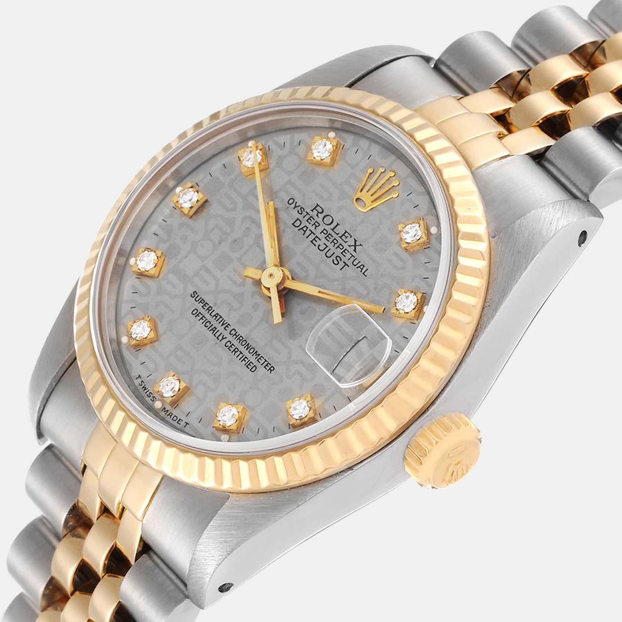 

Rolex Silver Diamonds 18K Yellow Gold And Stainless Steel Datejust 68273 Automatic Women's Wristwatch 31 mm