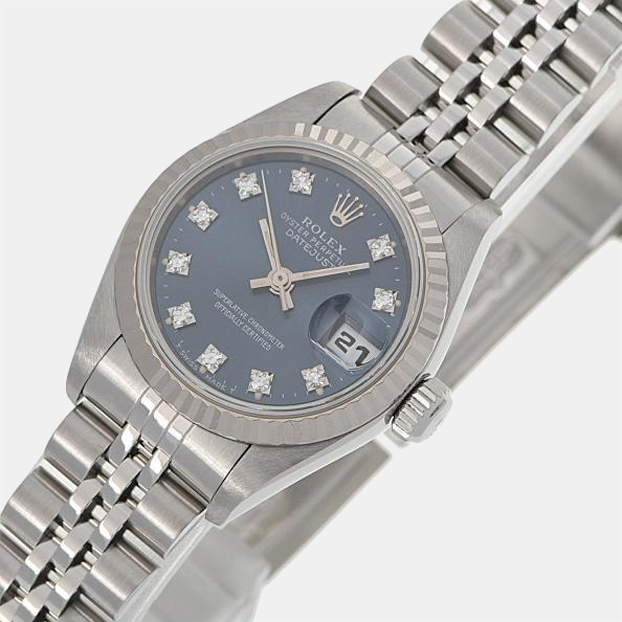 

Rolex Blue Diamond 18k White Gold And Stainless Steel Datejust 69174 Automatic Women's Wristwatch 26 mm