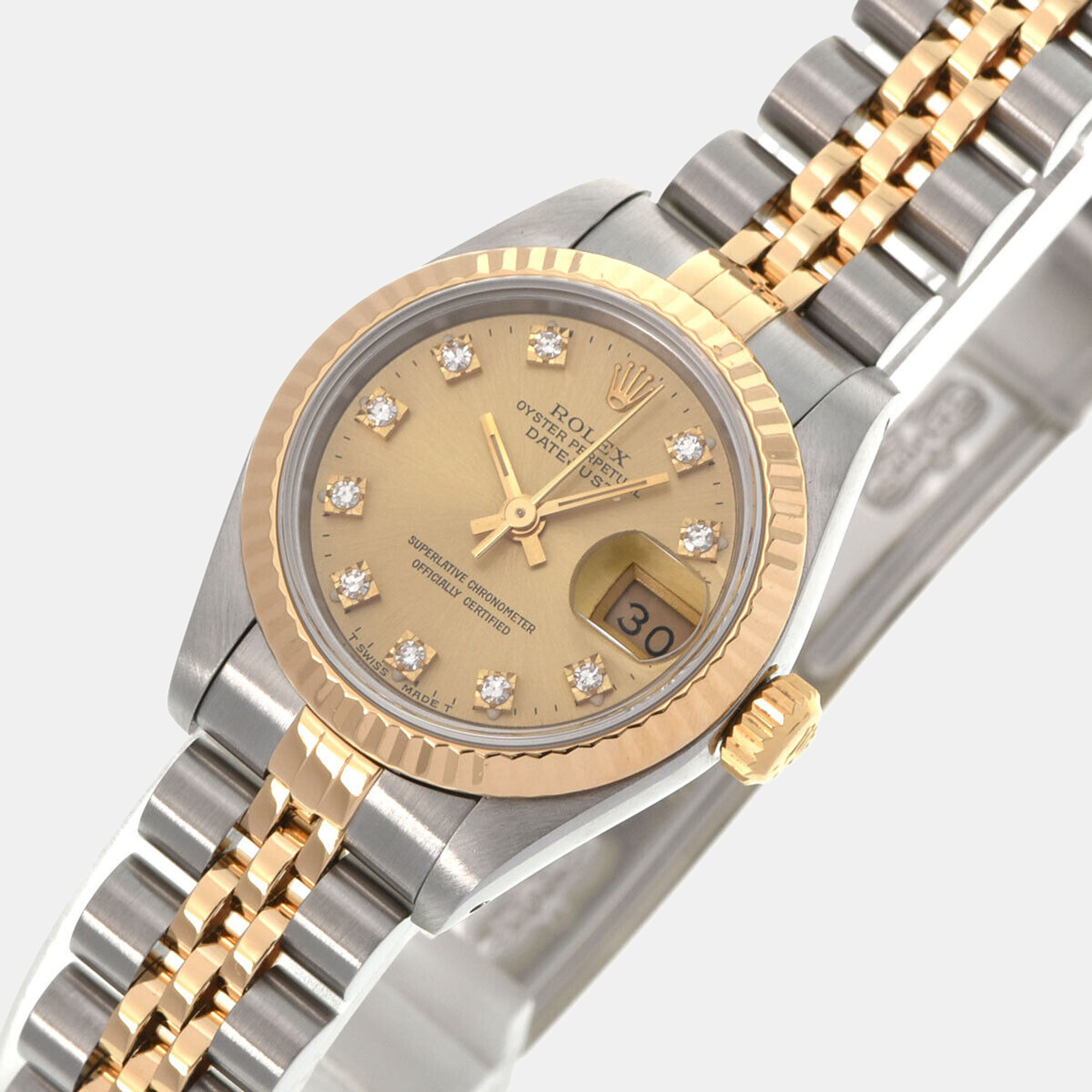 

Rolex Champagne Diamond 18k Yellow Gold And Stainless Steel Datejust 69173 Automatic Women's Wristwatch 26 mm