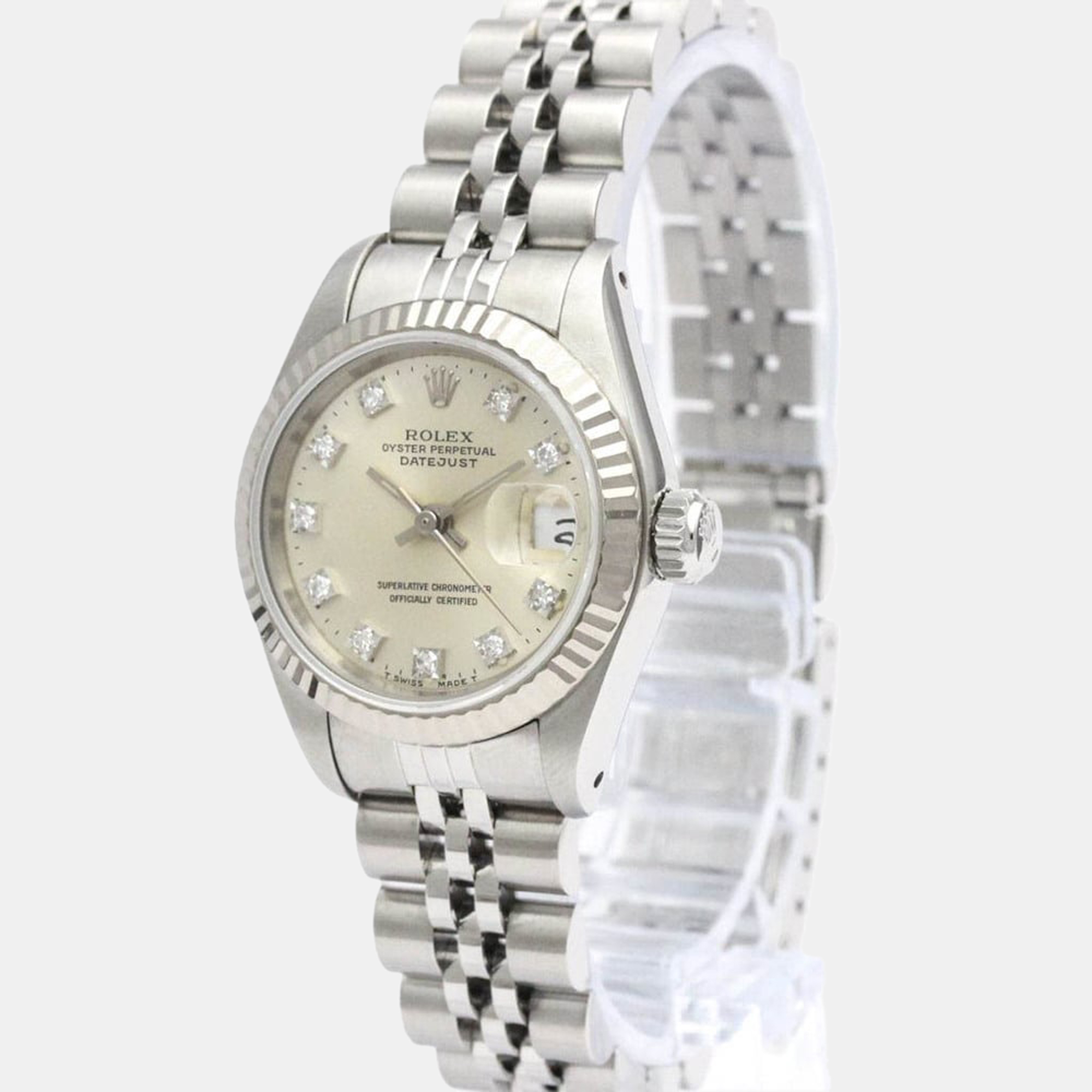 Pre Owned Rolex Silver Diamond 18k White Gold And Stainless Steel Datejust 69174 Automatic Women's Wristwatch 26 mm