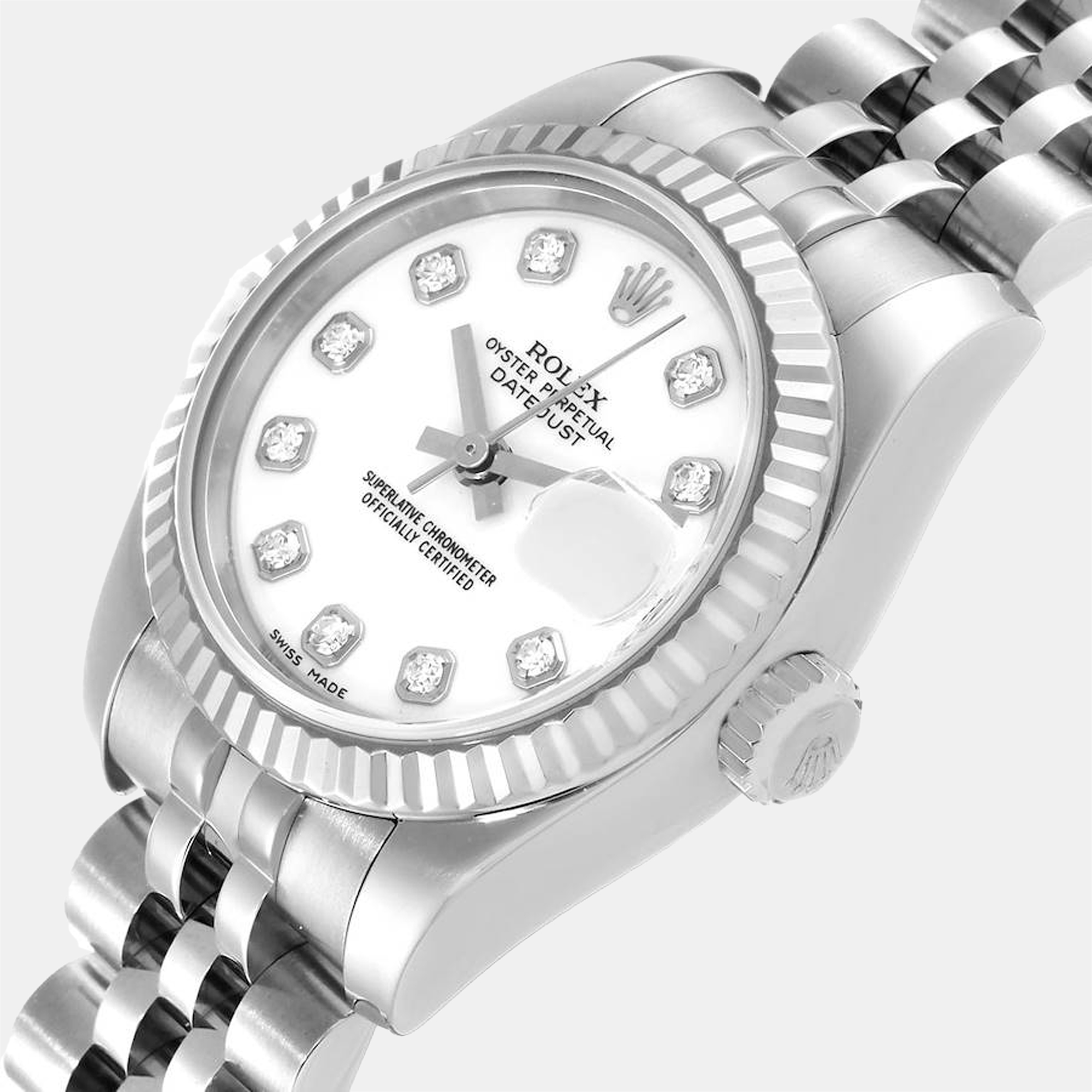 

Rolex White Diamonds 18K White Gold And Stainless Steel Datejust 179174 Women's Wristwatch 26 mm