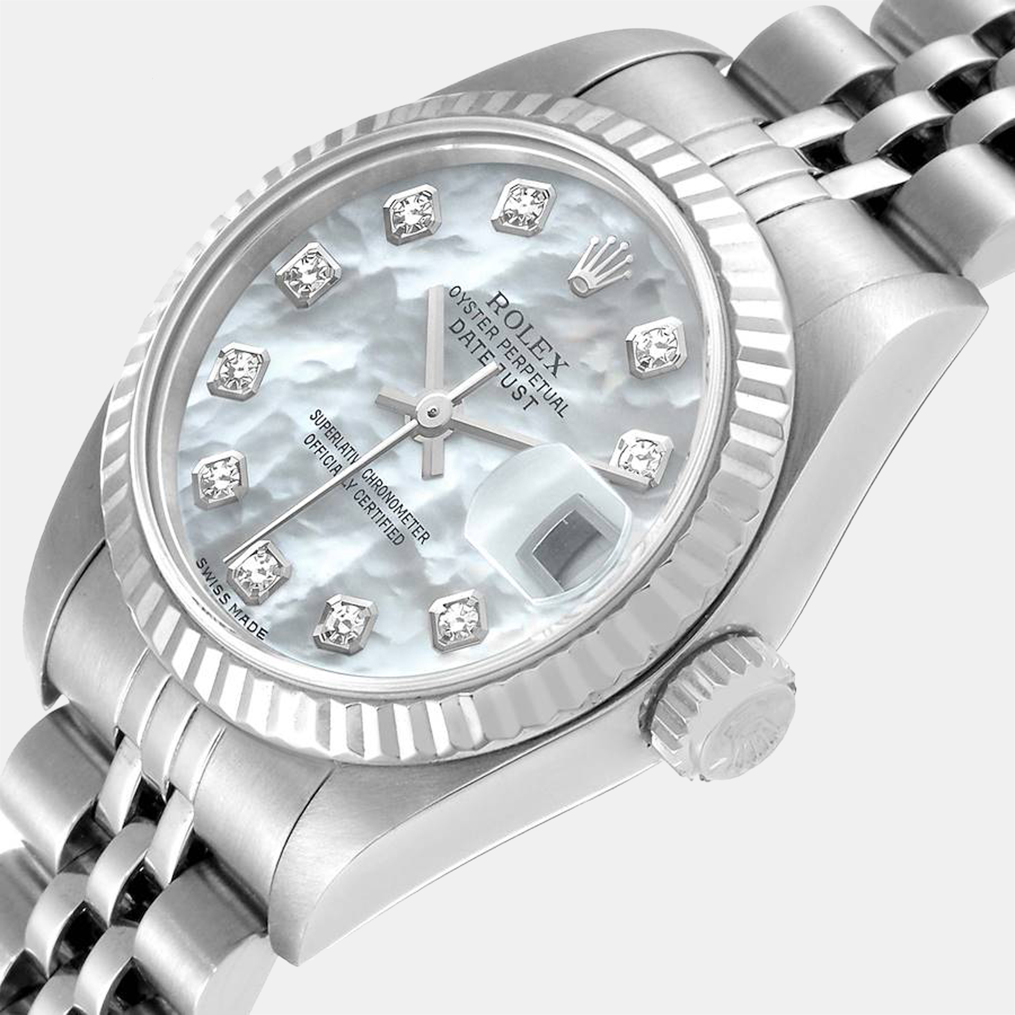 

Rolex MOP Diamonds 18K White Gold And Stainless Steel Datejust 79174 Women's Wristwatch 26 mm