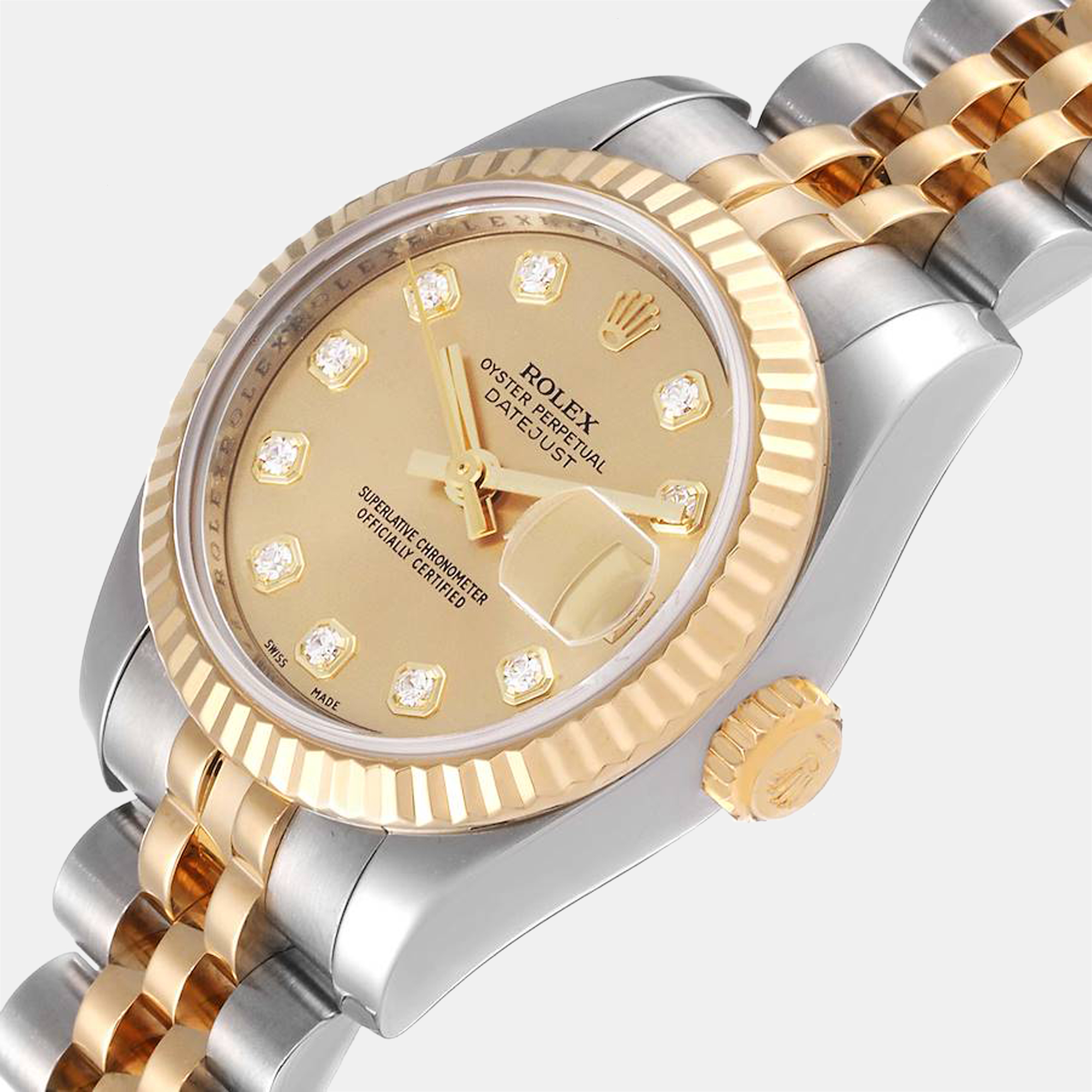 

Rolex Champagne Diamond 18k Yellow Gold And Stainless Steel Datejust 179173 Automatic Women's Wristwatch 26 mm