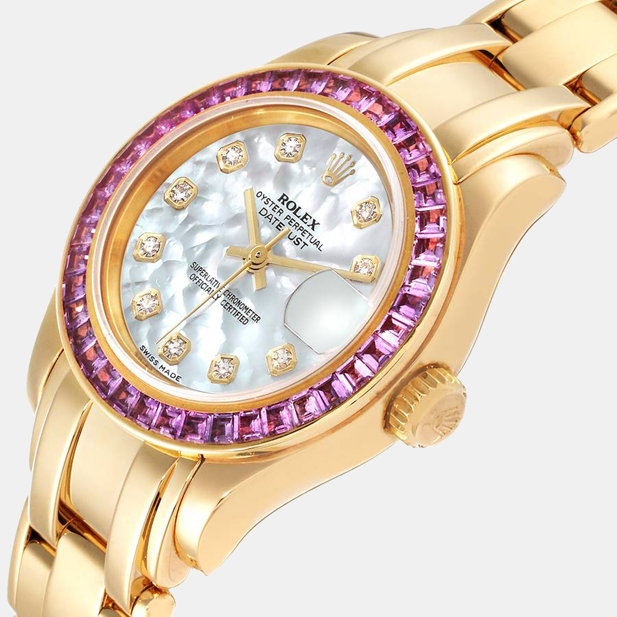 

Rolex MOP Diamonds 18K Yellow Gold Pearlmaster 80308 Women's Wristwatch 29 mm, White