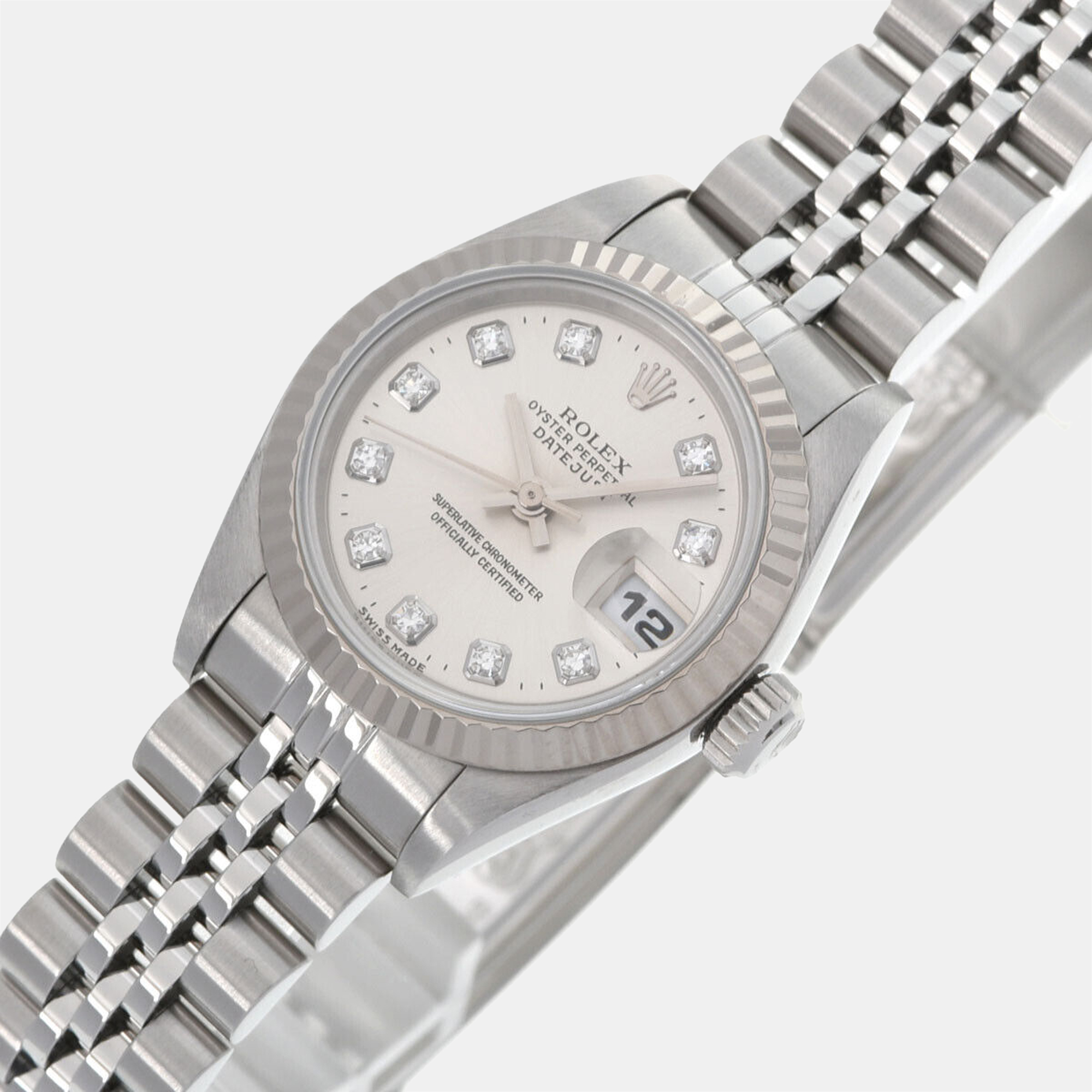 

Rolex Silver Diamond 18k White Gold And Stainless Steel Datejust 69174 Automatic Women's Wristwatch 26 mm