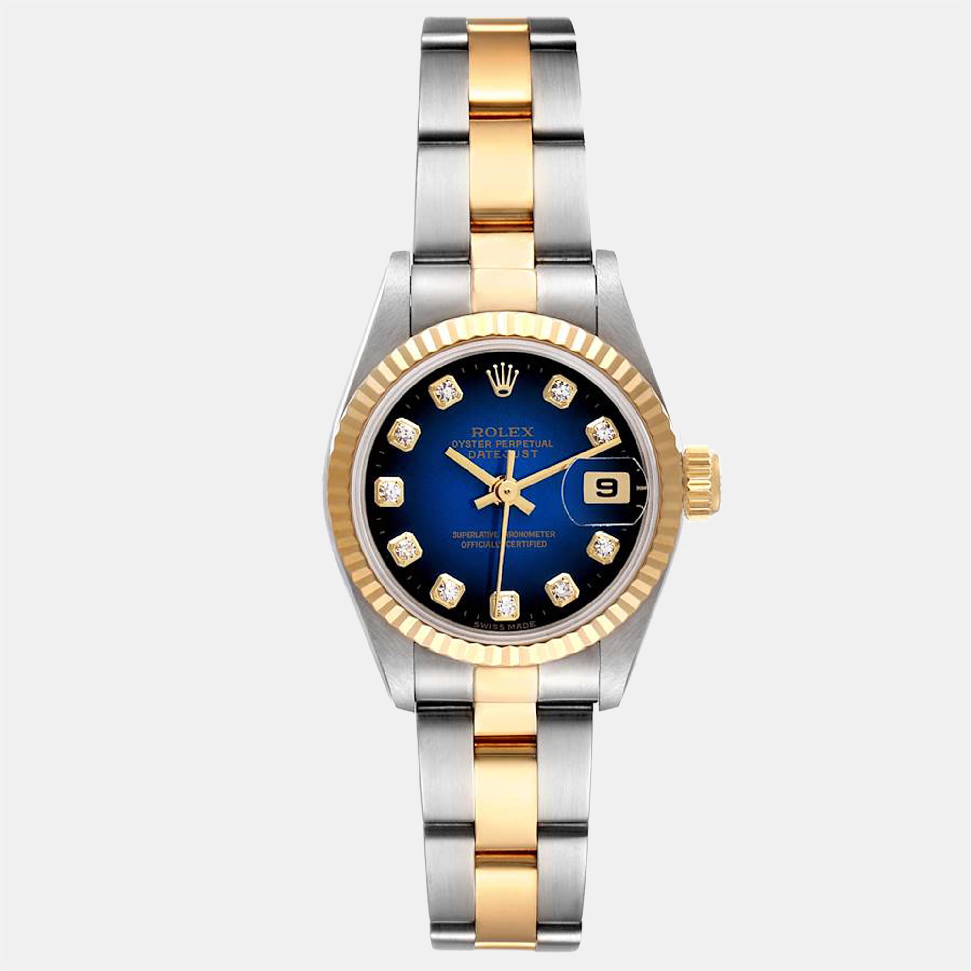 Pre-owned Rolex Blue Diamonds 18k Yellow Gold And Stainless Steel Datejust 69173 Women's Wristwatch 26 Mm