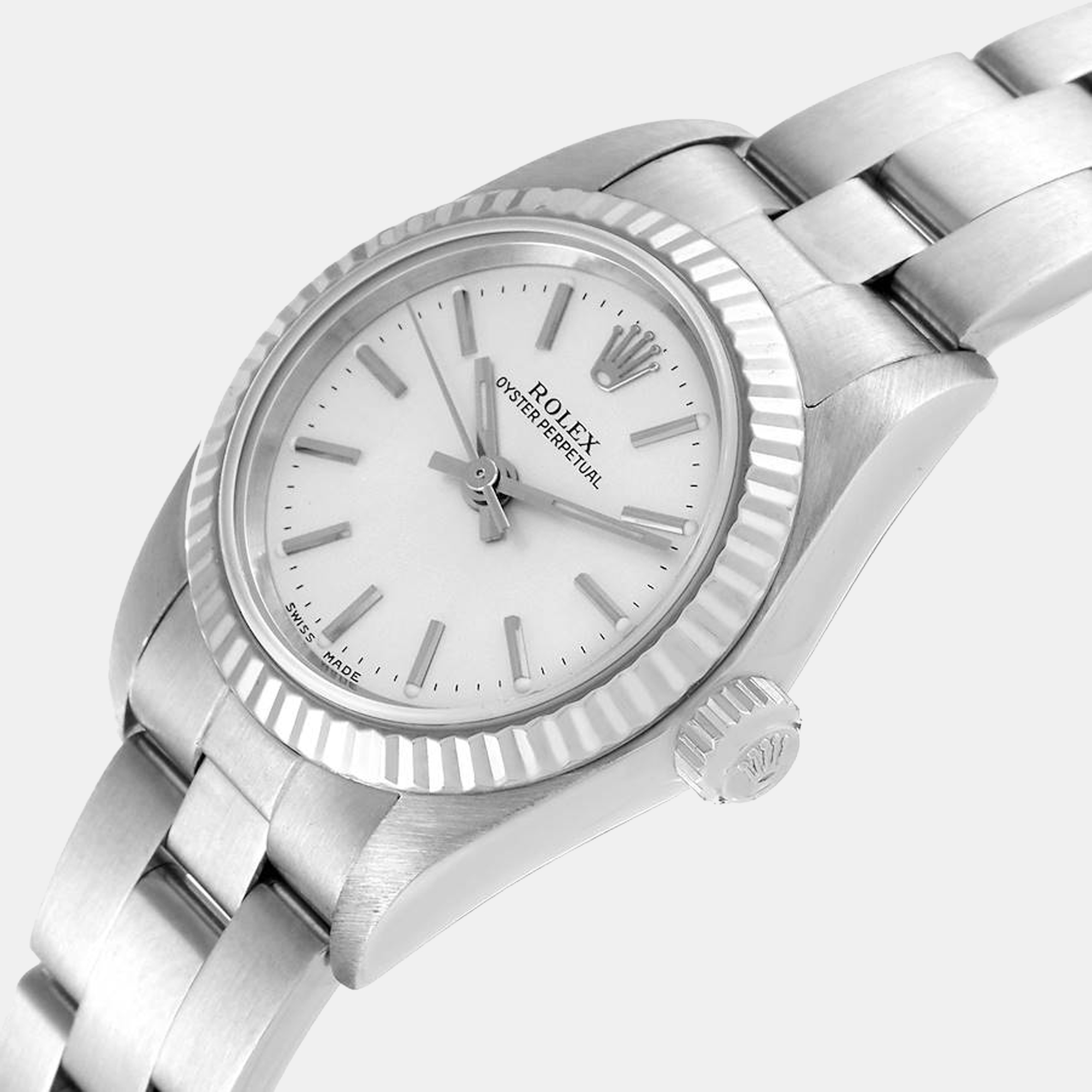 

Rolex Silver 18K White Gold And Stainless Steel Oyster Perpetual 76094 Women's Wristwatch 24 mm