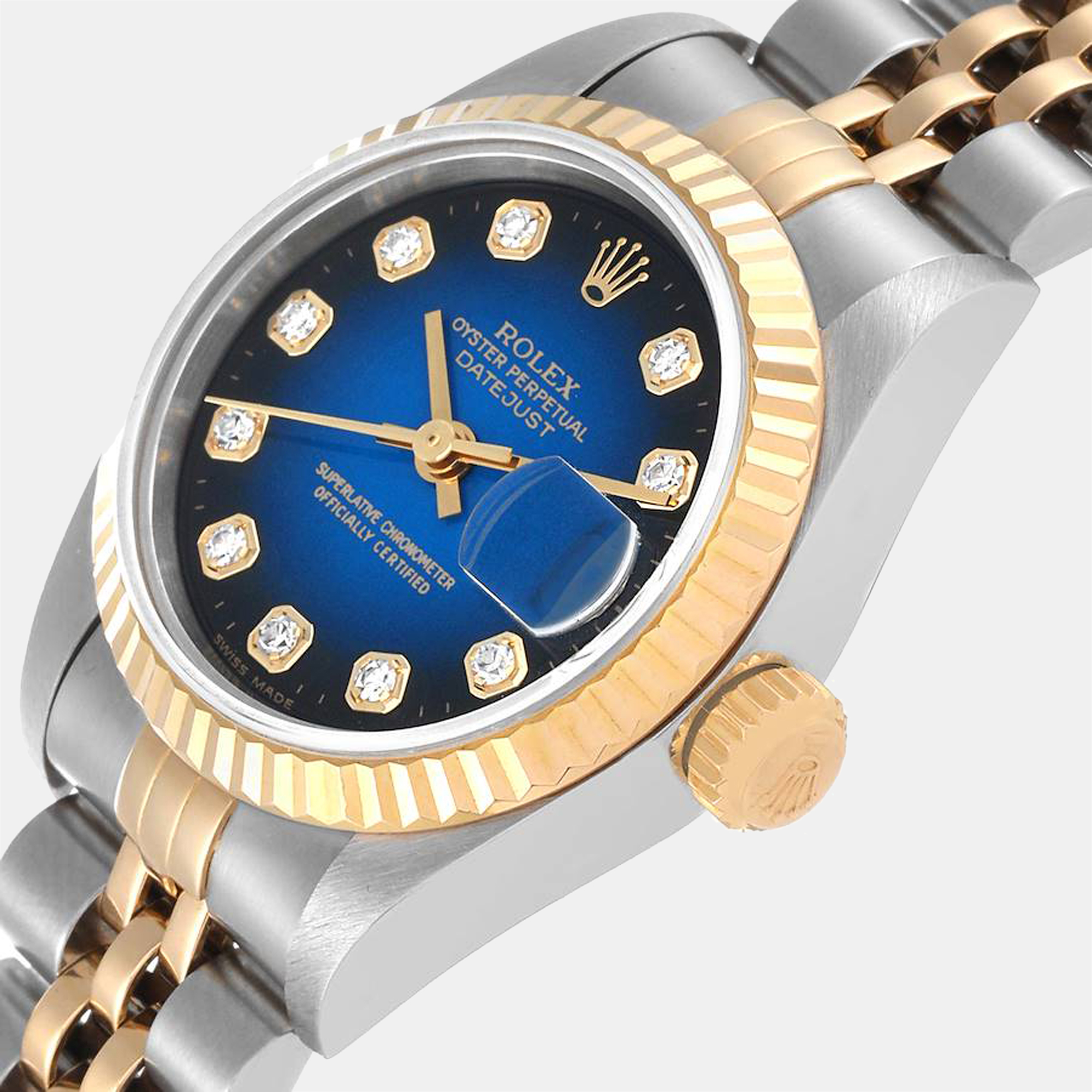 

Rolex Blue Diamonds 18K Yellow Gold And Stainless Steel Datejust 69173 Women's Wristwatch 26 mm