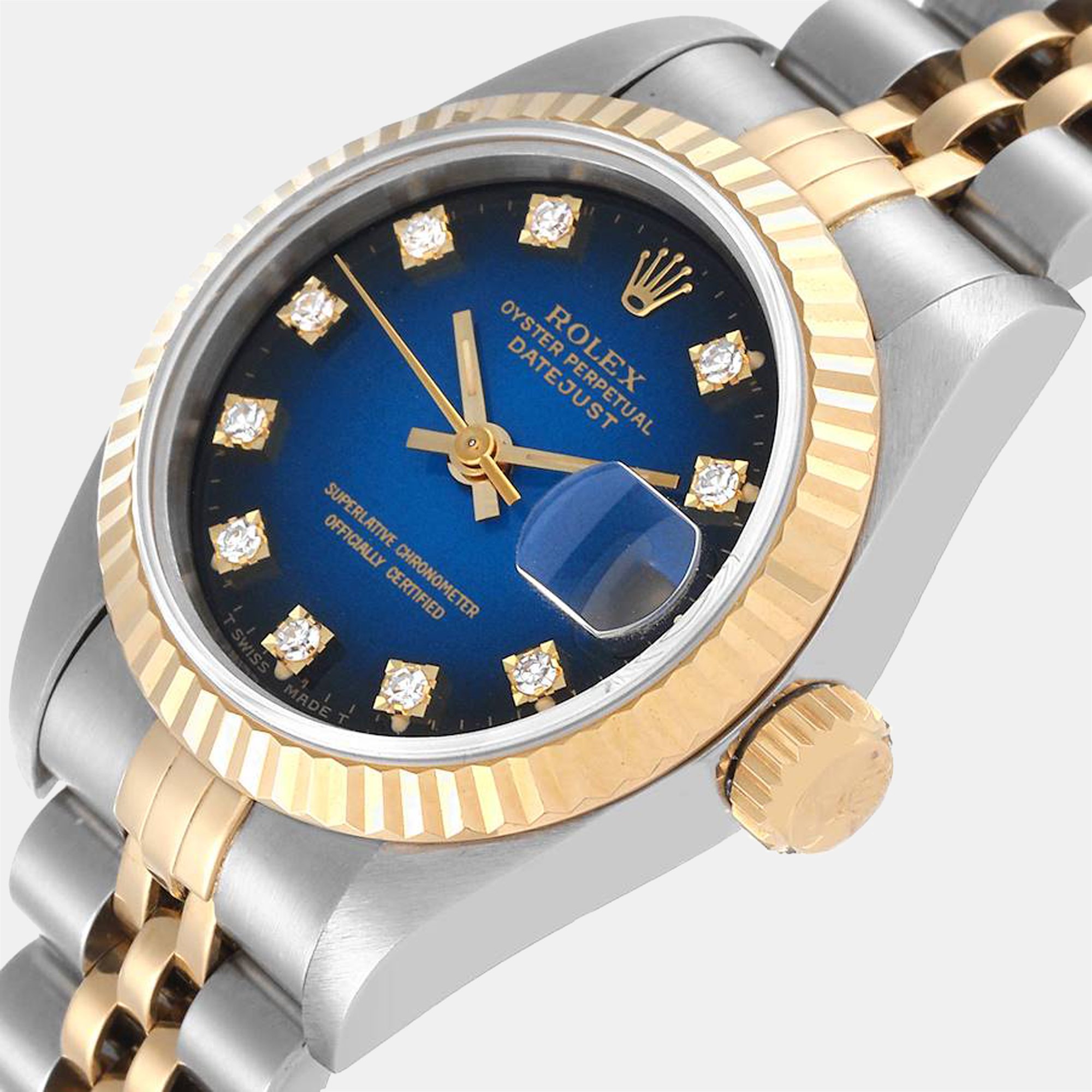 

Rolex Blue Diamonds 18K Yellow Gold And Stainless Steel Datejust 69173 Women's Wristwatch 26 mm