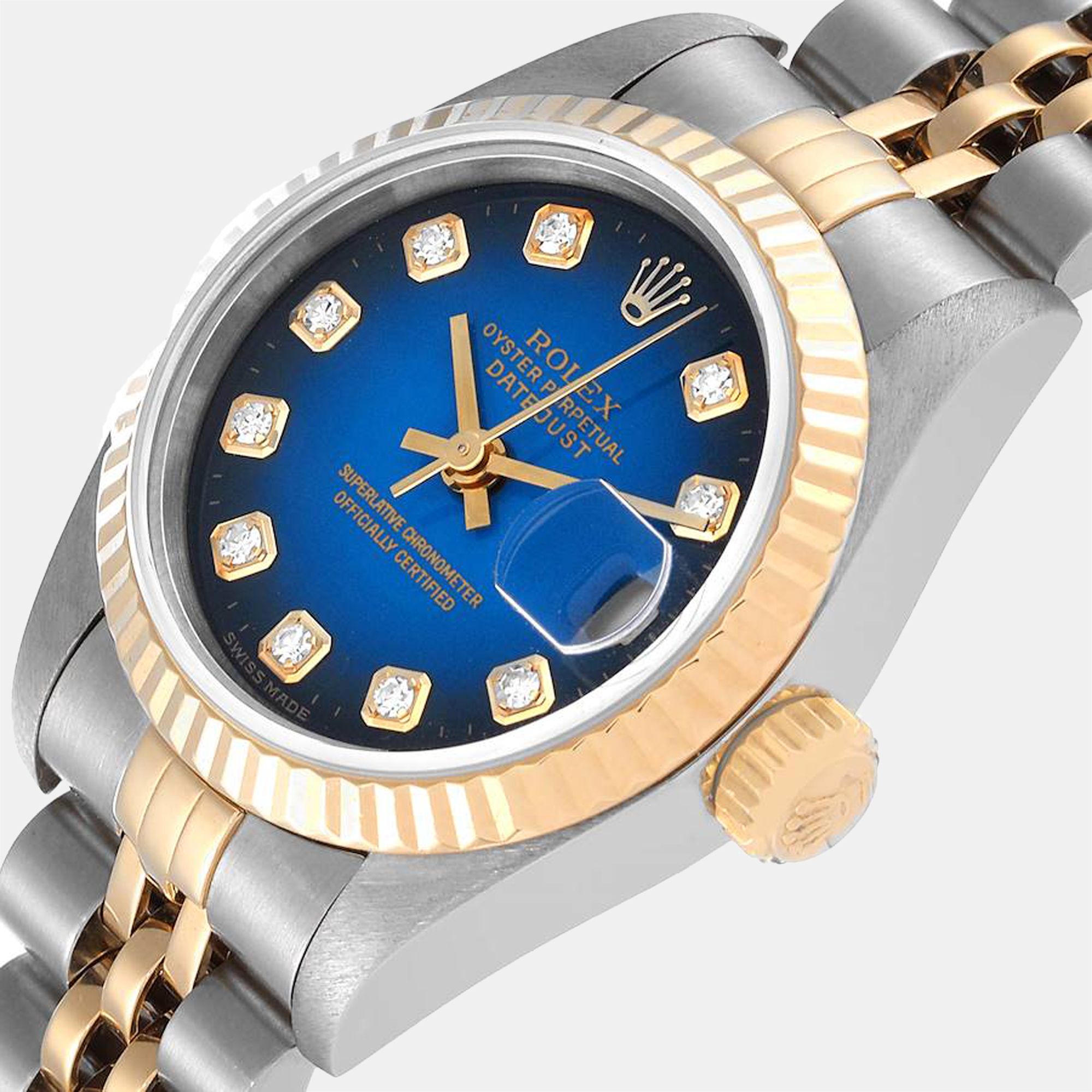 

Rolex Blue Diamonds 18K Yellow Gold And Stainless Steel Datejust 69173 Women's Wristwatch 26 mm