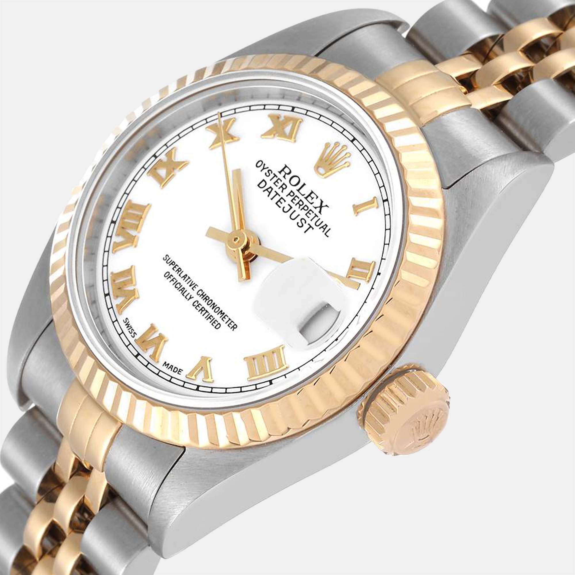 

Rolex White 18K Yellow Gold And Stainless Steel Datejust 79173 Women's Wristwatch 26 mm