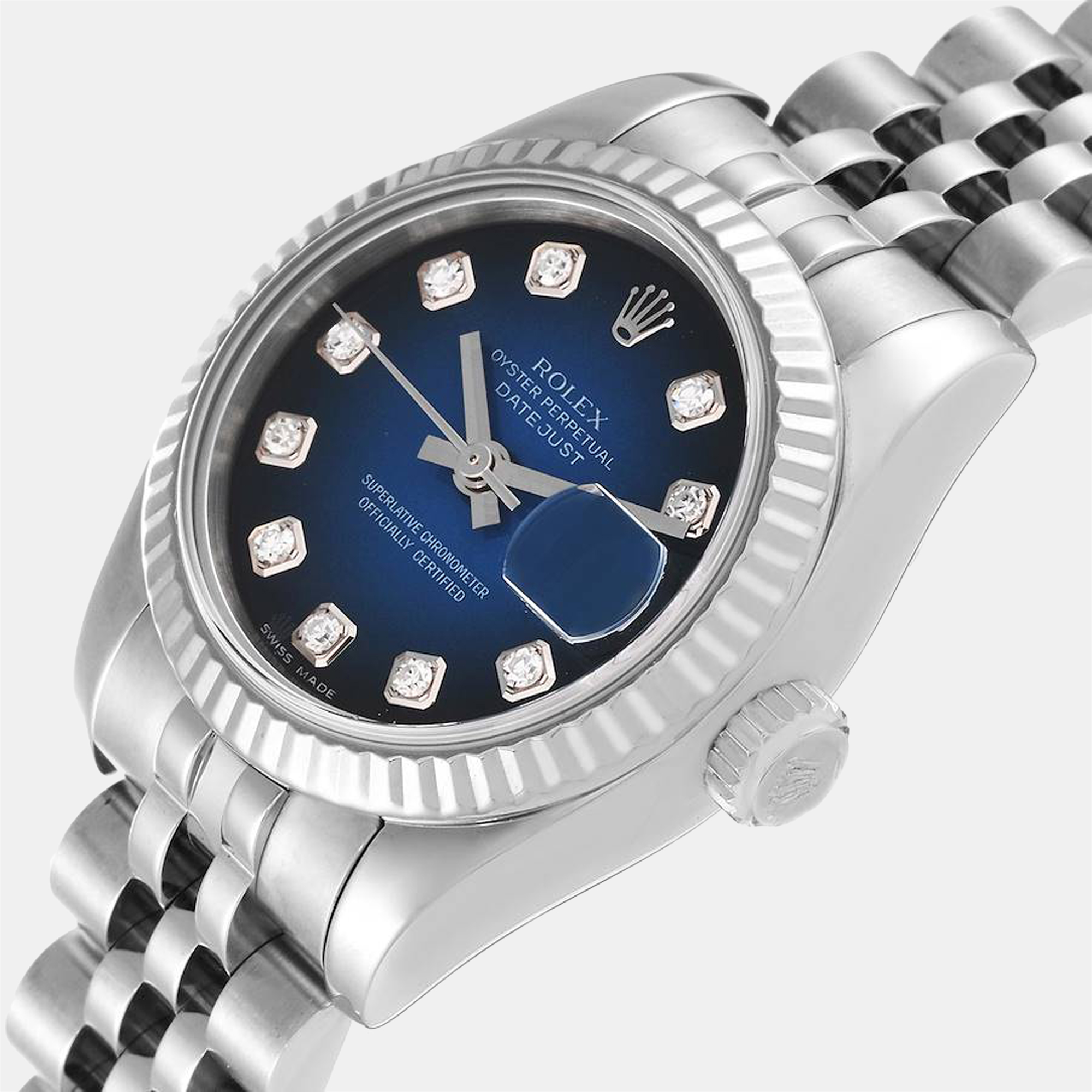 

Rolex Blue Diamonds 18K White Gold And Stainless Steel Datejust 179174 Women's Wristwatch 26 mm