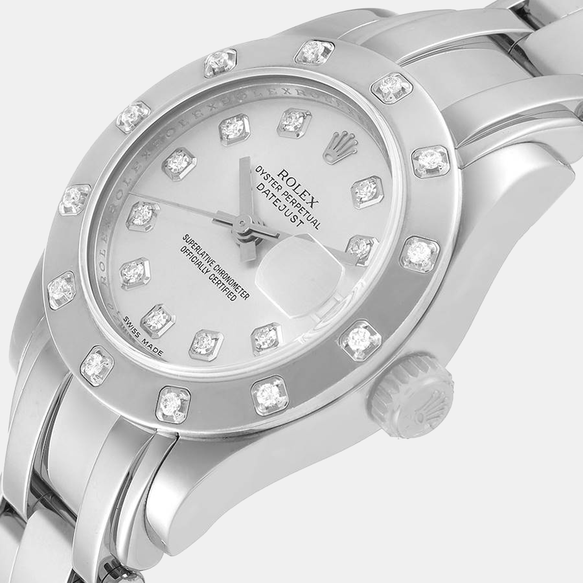 

Rolex Silver Diamonds 18K White Gold Pearlmaster 80319 Women's Wristwatch 29 mm