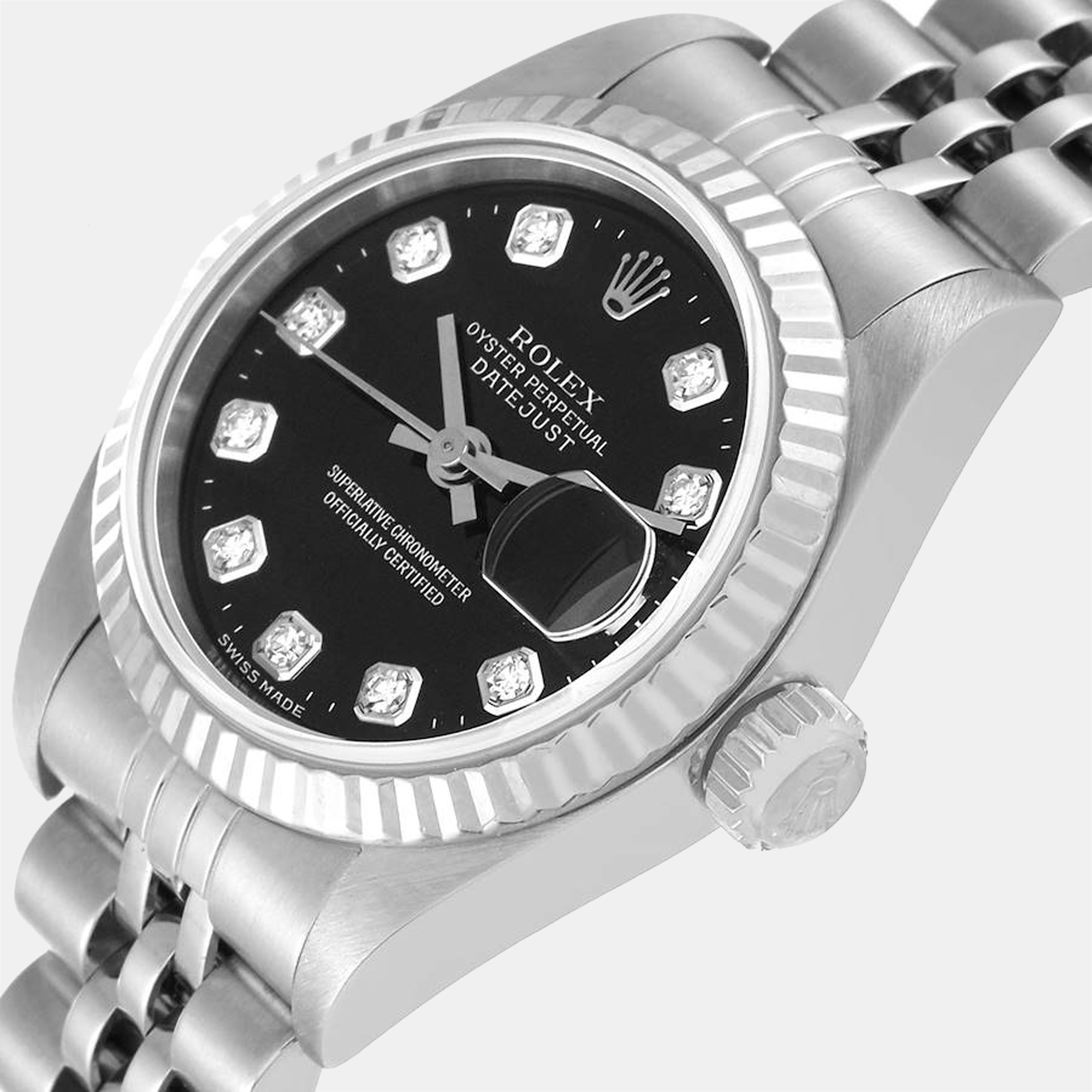 

Rolex Black Diamonds 18K White Gold And Stainless Steel Datejust 79174 Women's Wristwatch 26 mm