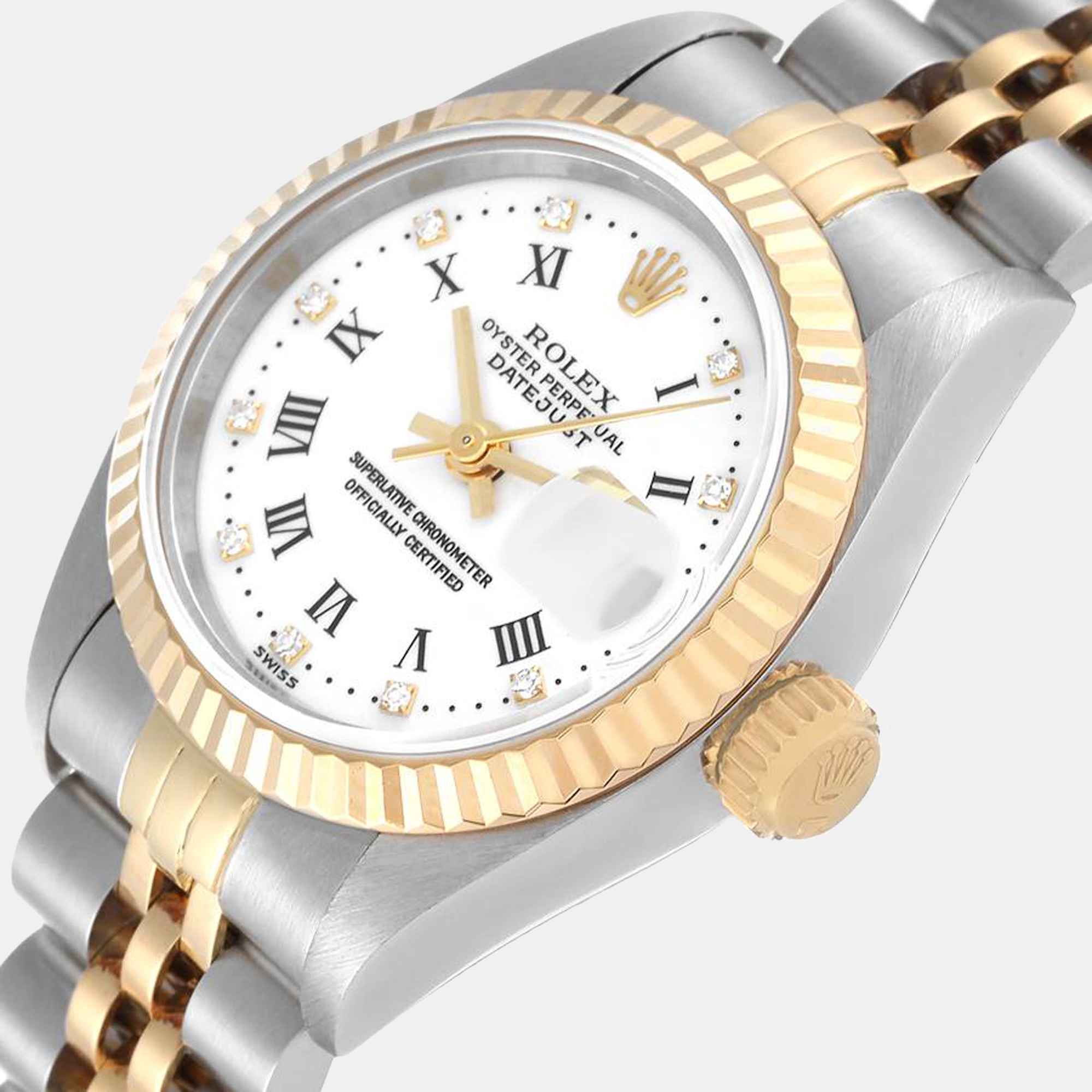 

Rolex White Diamonds 18K Yellow Gold And Stainless Steel Datejust 69173 Women's Wristwatch 26 mm