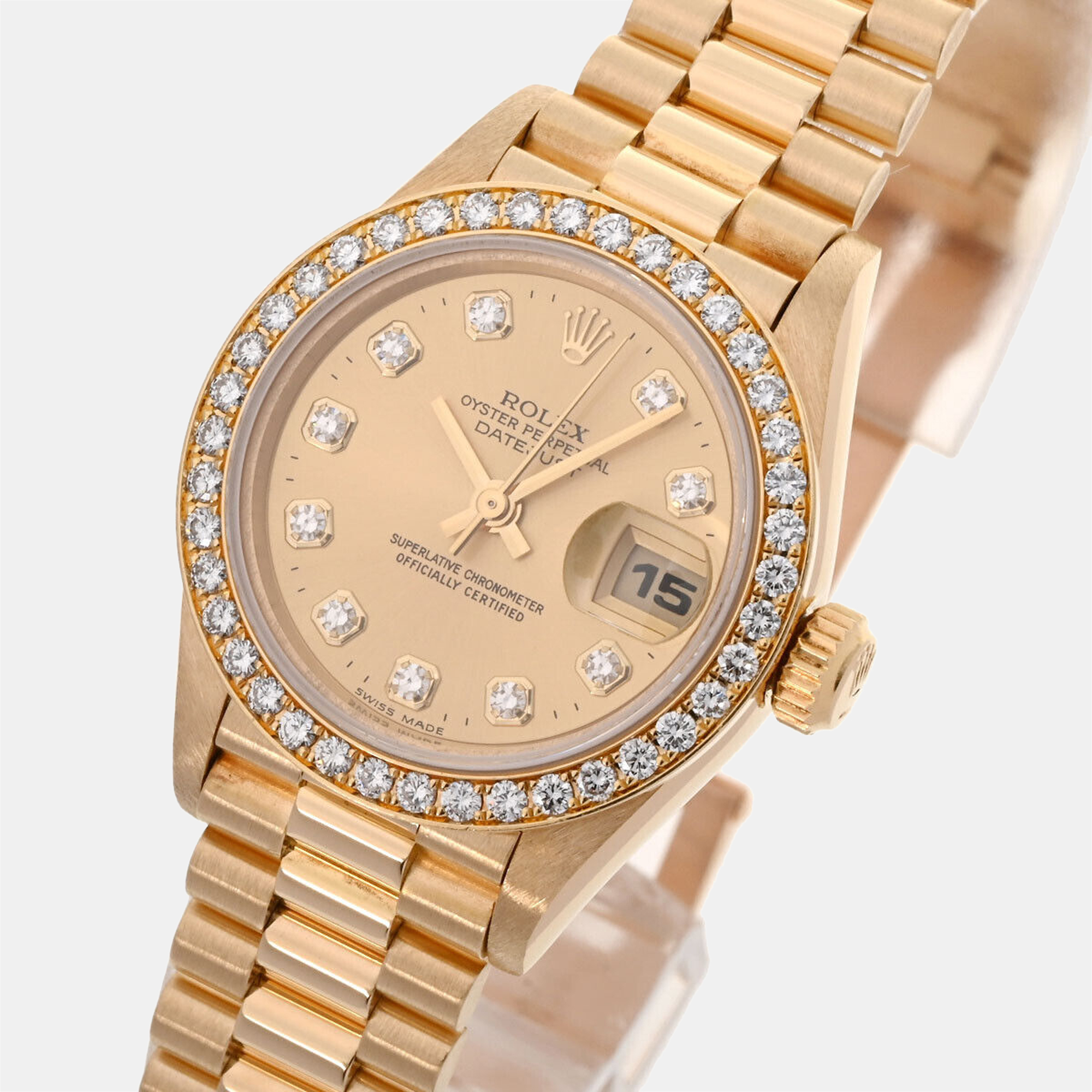 

Rolex Champagne Diamonds 18K Yellow Gold President Datejust 69138 Women's Wristwatch 26 mm