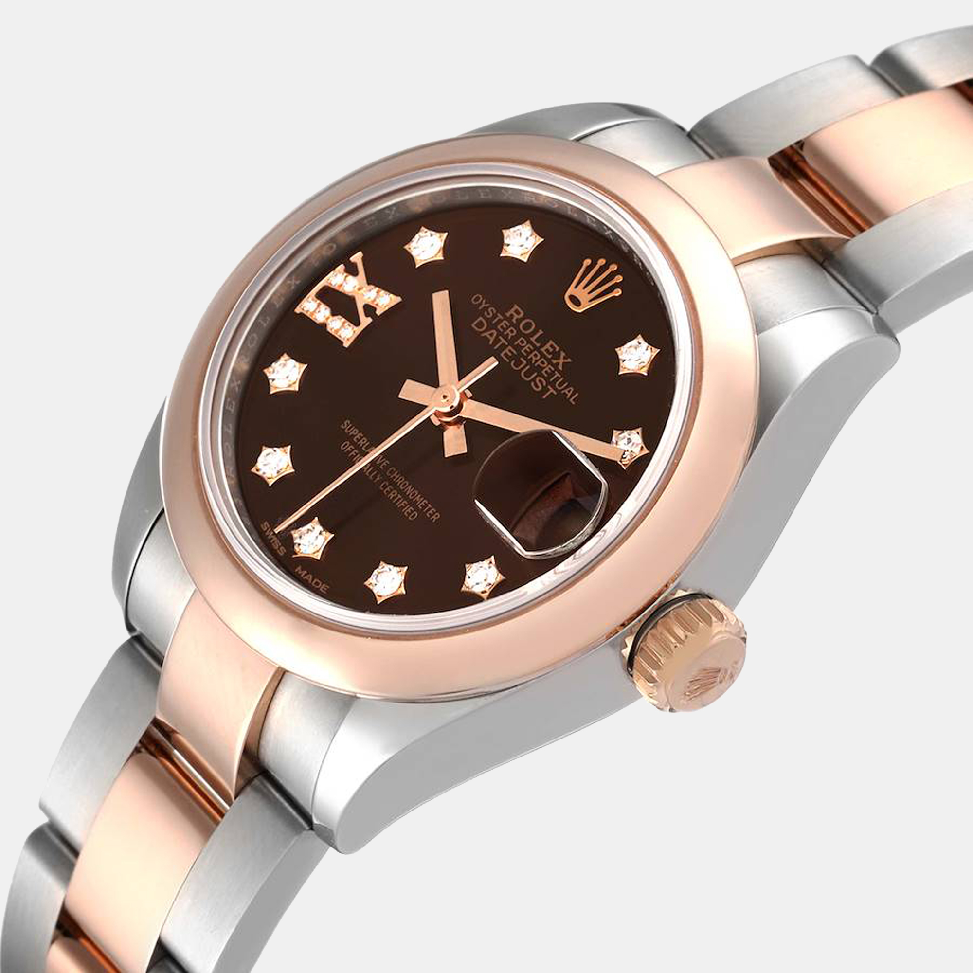 

Rolex Brown Diamonds 18K Rose Gold And Stainless Steel Datejust 279161 Automatic Women's Wristwatch 28 mm