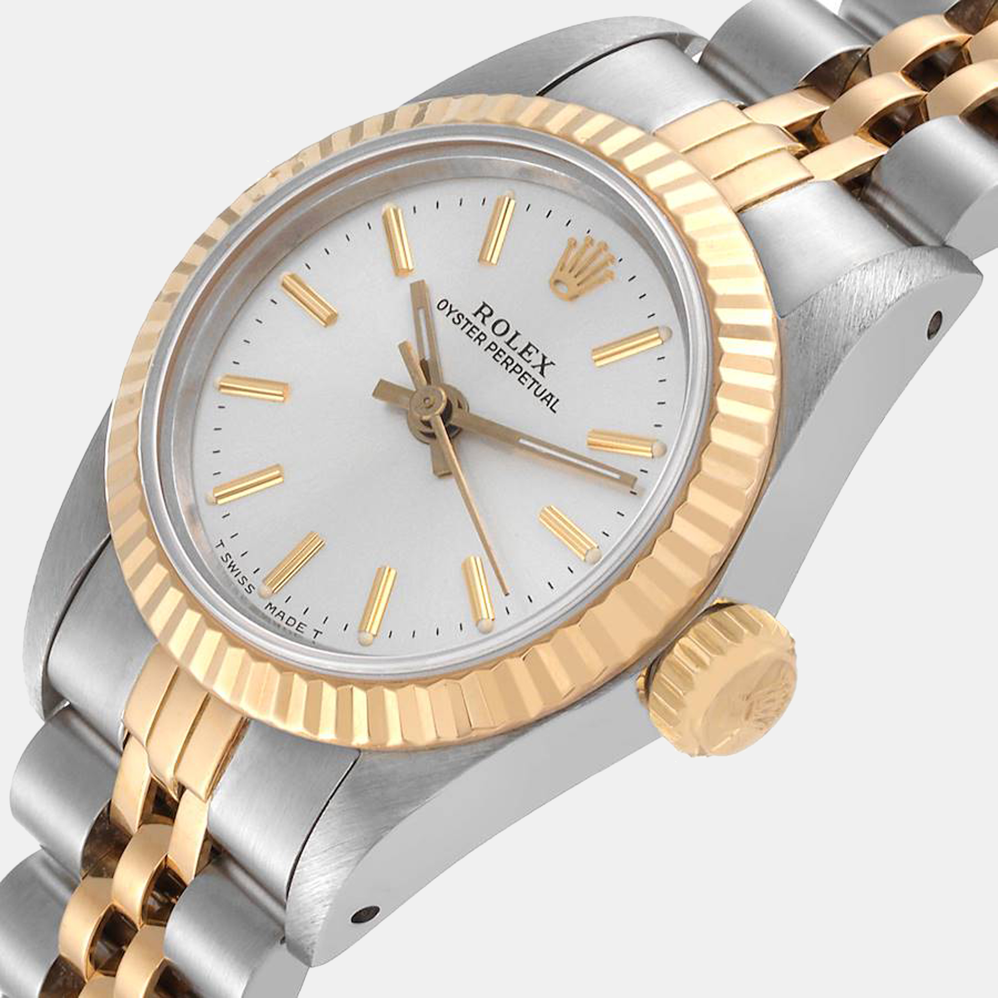 

Rolex Silver 18K Yellow Gold And Stainless Steel Oyster Perpetual 67193 Women's Wristwatch 24 mm