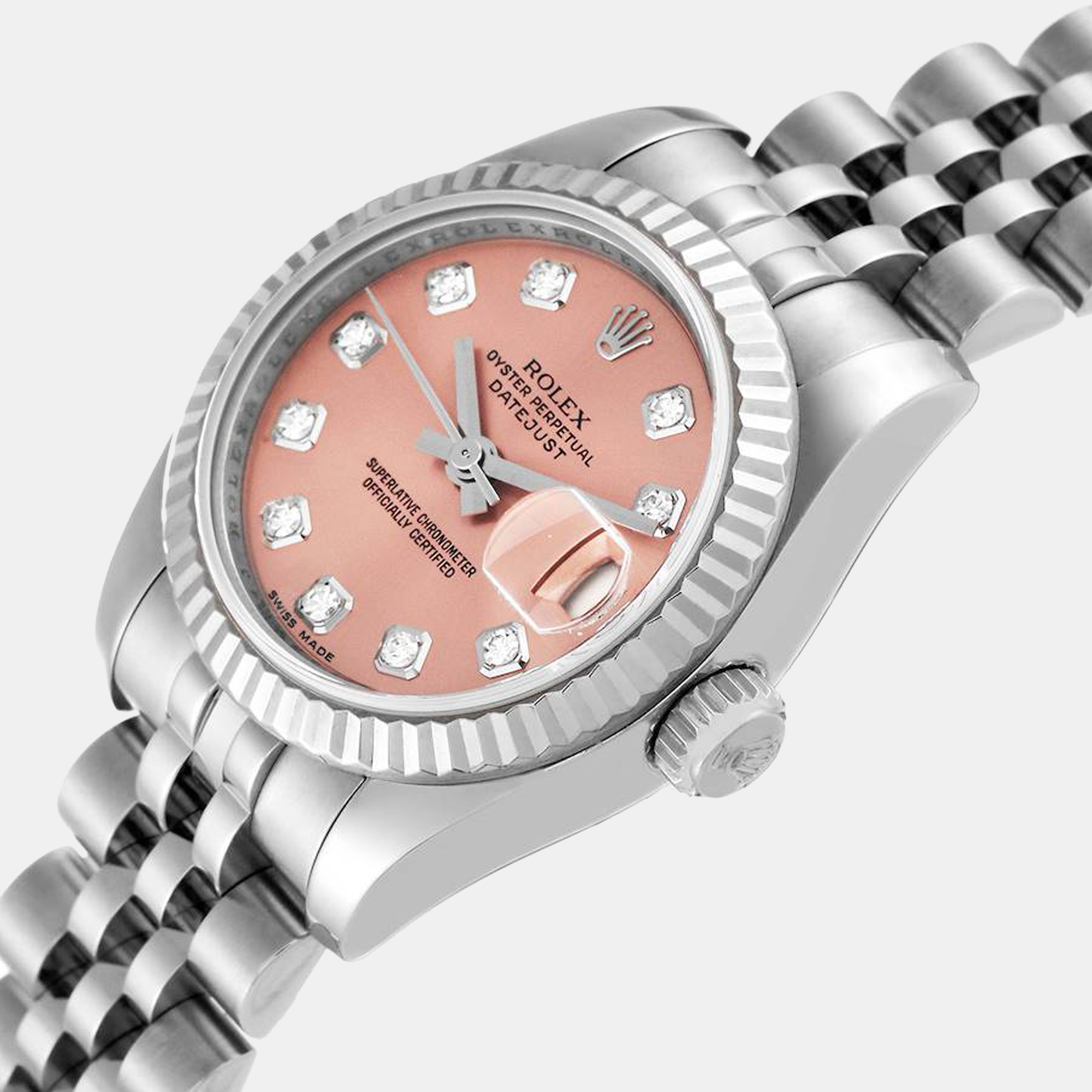 

Rolex Pink Diamonds 18K White Gold And Stainless Steel Datejust 179174 Women's Wristwatch 26 mm