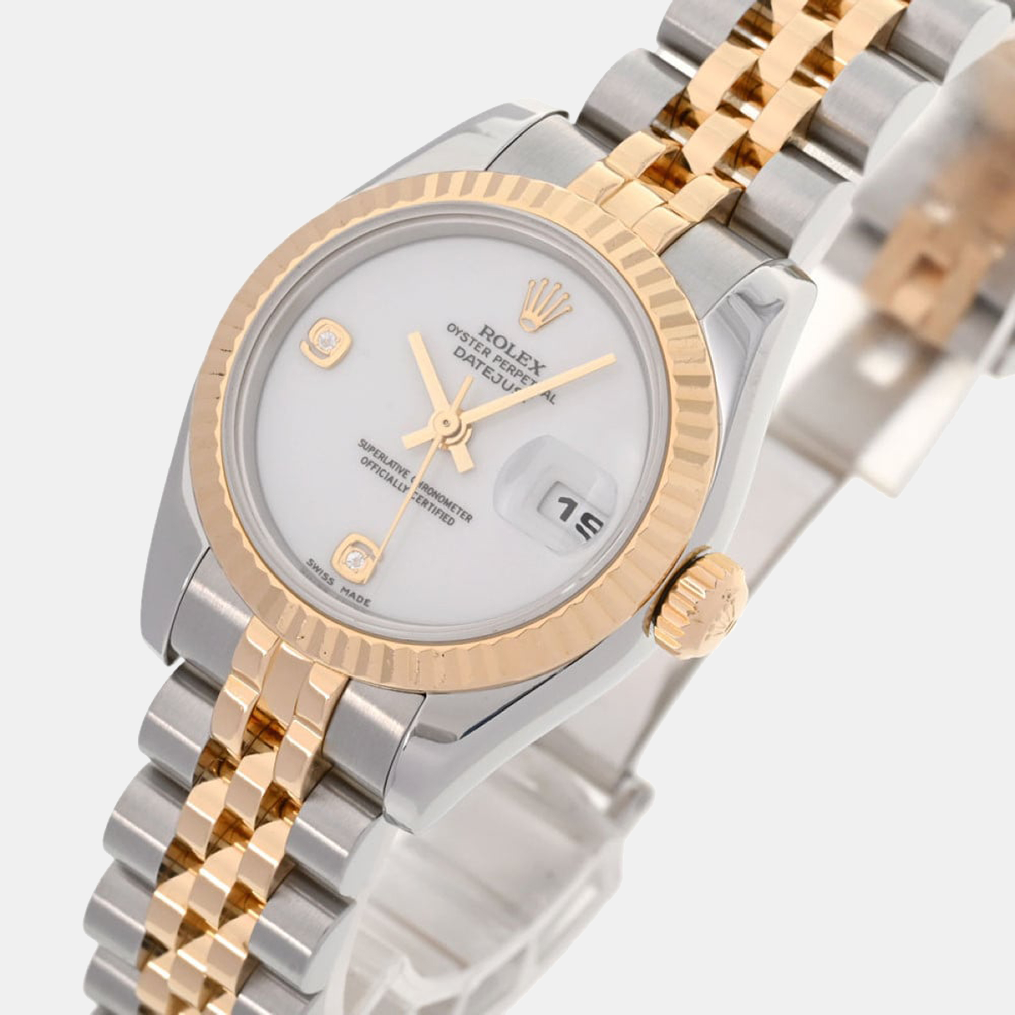 

Rolex White 18K Yellow Gold And Stainless Steel Datejust 179173 Automatic Women's Wristwatch 26 mm