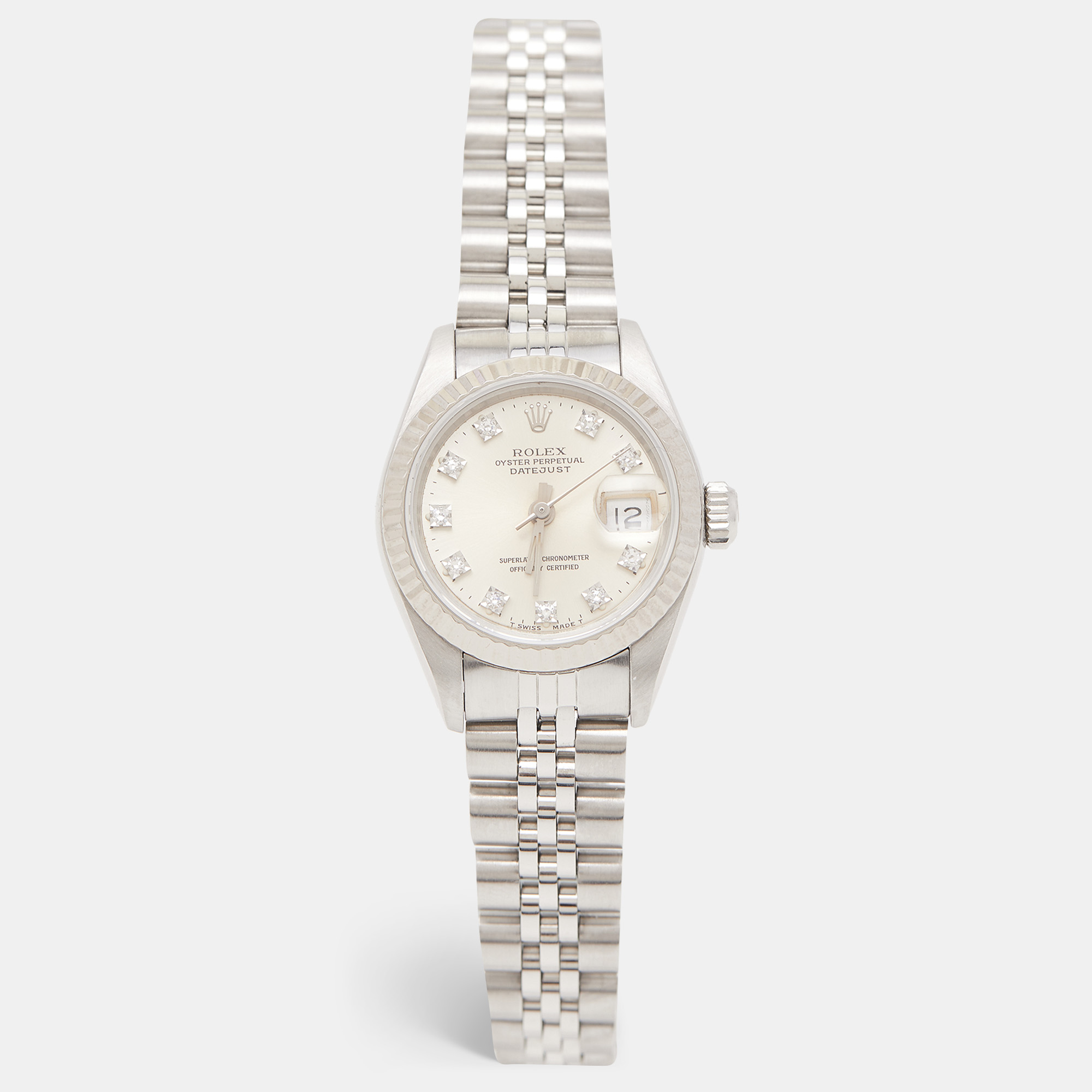 Pre Owned Rolex Silver 18K White Gold Stainless Steel Diamond Datejust 69174 Women's Wristwatch 26 mm