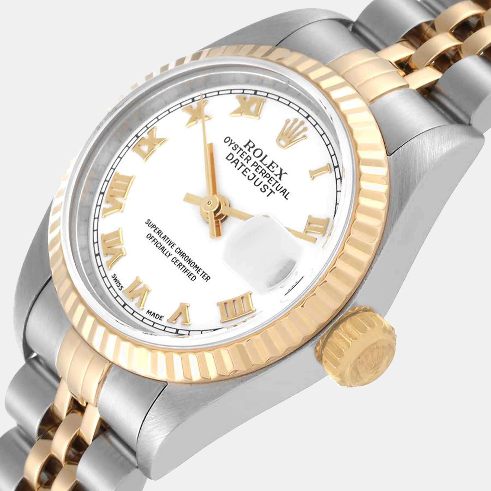 

Rolex White 18k Yellow Gold And Stainless Steel Datejust 79173 Women's Wristwatch 26 mm