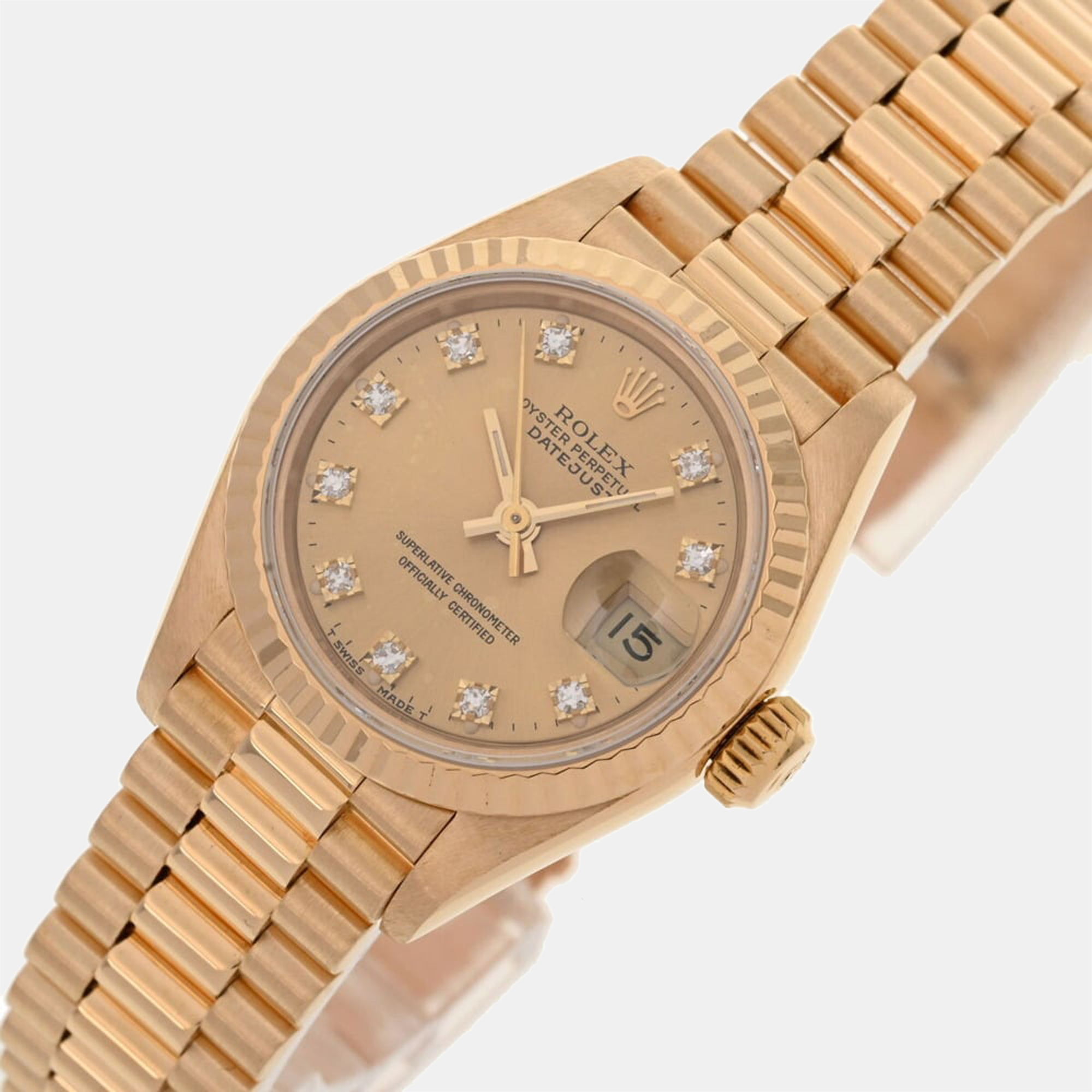 

Rolex Champagne Diamonds 18K Yellow Gold President Datejust 69178 Women's Wristwatch 26 mm