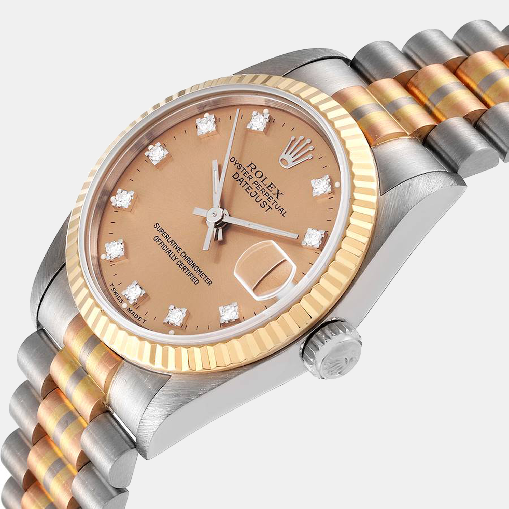 

Rolex Champagne Diamonds 18K White Yellow And Rose Gold Datejust Tridor 68279 Women's Wristwatch 31 mm