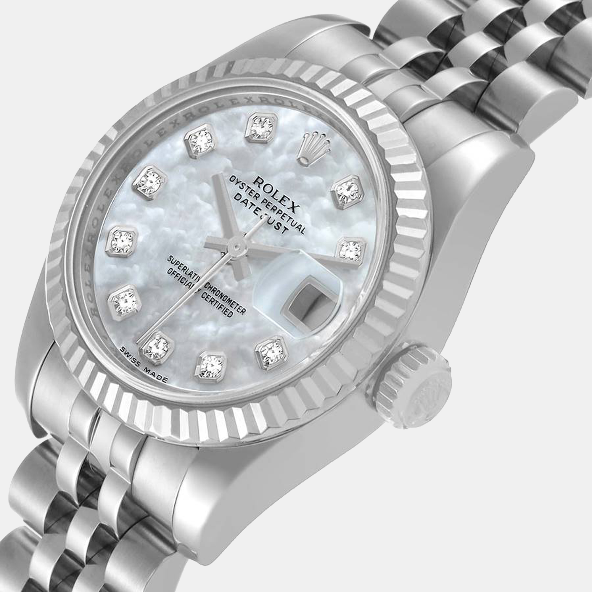 

Rolex MOP Diamonds 18K White Gold And Stainless Steel Datejust 179174 Women's Wristwatch 26 mm