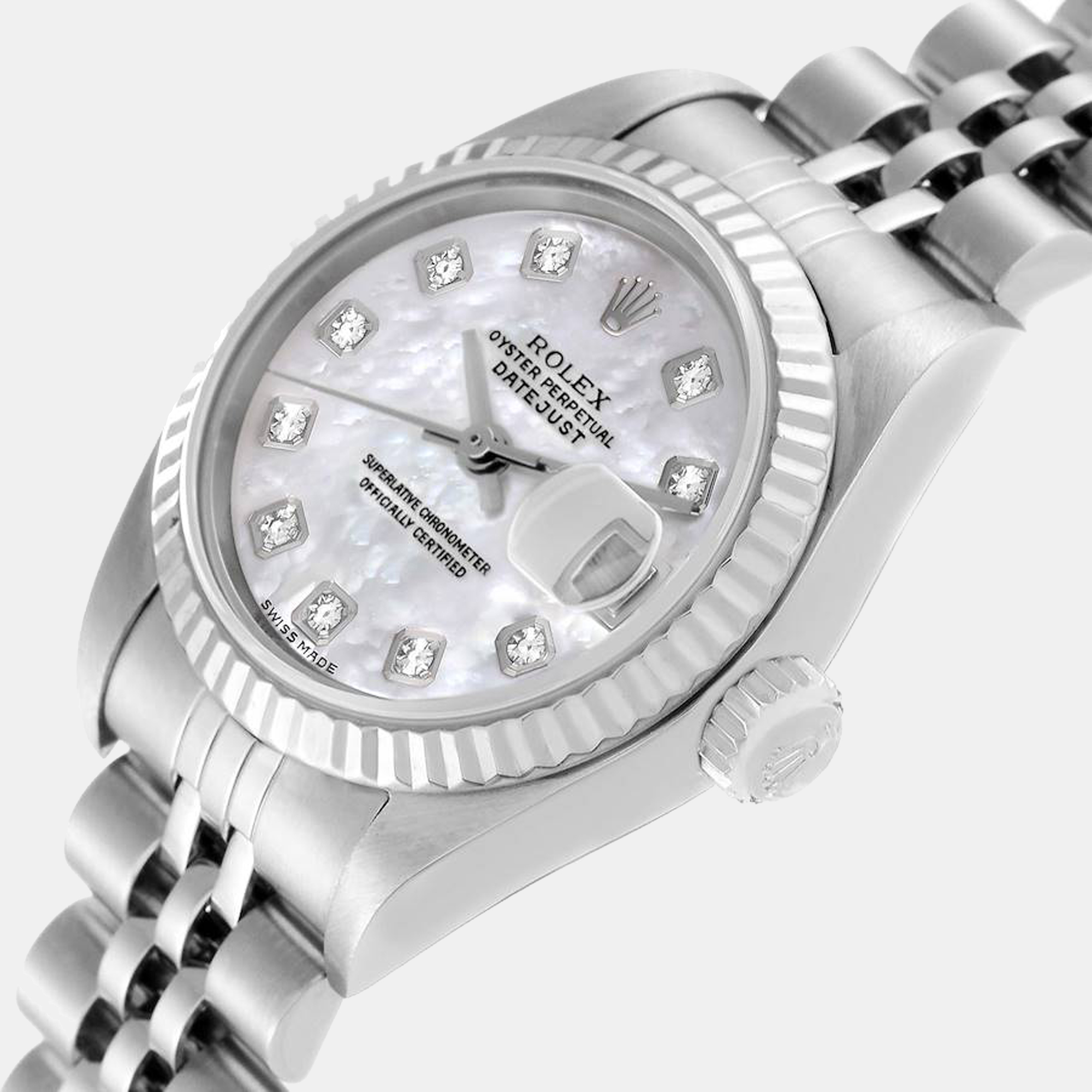 

Rolex MOP Diamonds 18K White Gold And Stainless Steel Datejust 79174 Women's Wristwatch 26 mm