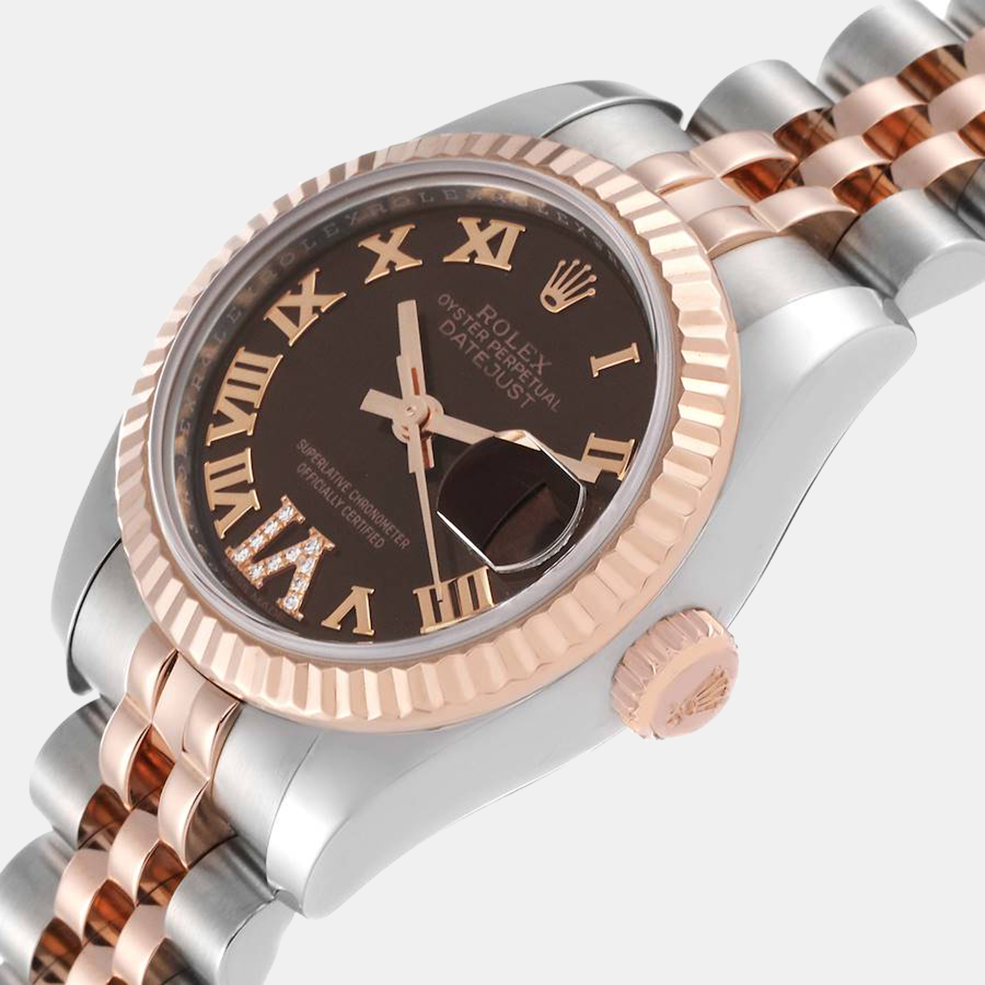 

Rolex Brown Diamonds 18K Rose Gold And Stainless Steel Datejust 179171 Automatic Women's Wristwatch 26 mm