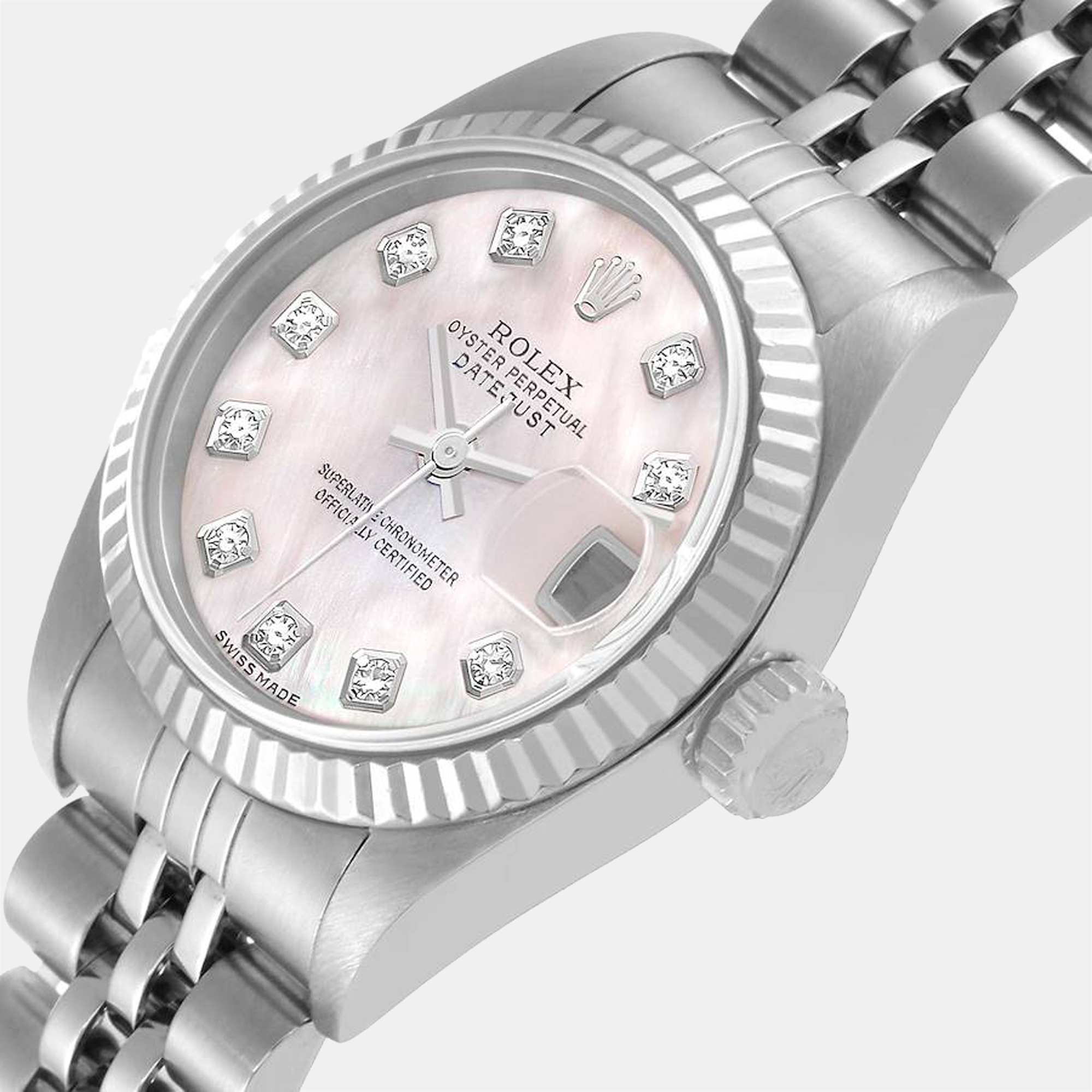 

Rolex MOP Diamonds 18K White Gold And Stainless Steel Datejust 79174 Women's Wristwatch 26 mm