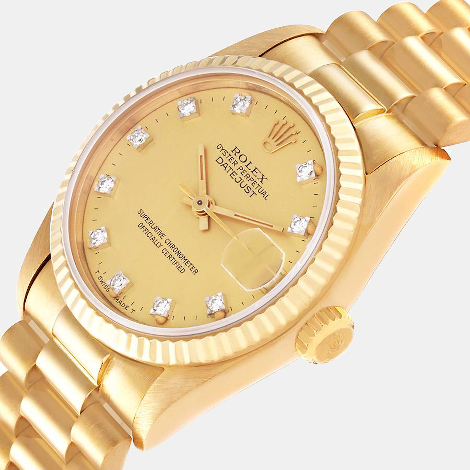 

Rolex Champagne Diamonds 18K Yellow Gold President Datejust 68278 Automatic Women's Wristwatch 31 mm