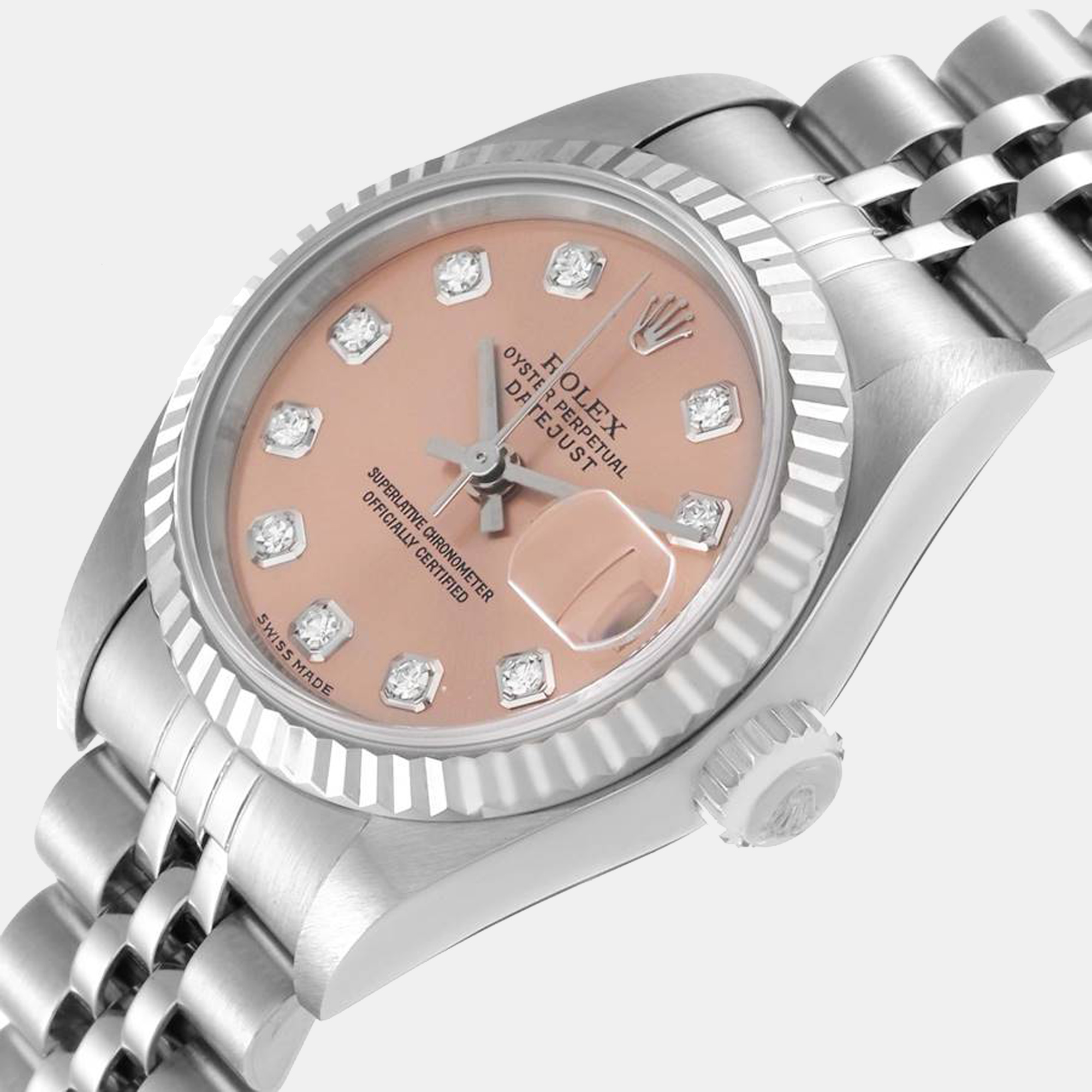 

Rolex Pink Diamonds 18K White Gold And Stainless Steel Datejust 79174 Women's Wristwatch 26 mm