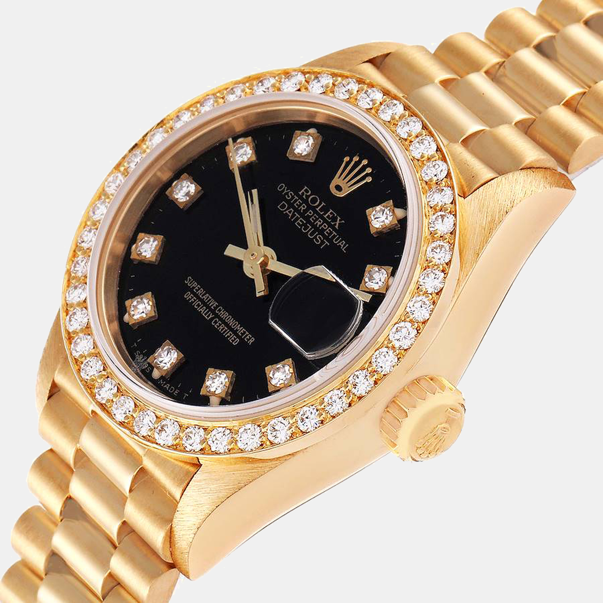 

Rolex Black Diamonds 18K Yellow Gold President Datejust 69138 Automatic Women's Wristwatch 26 mm