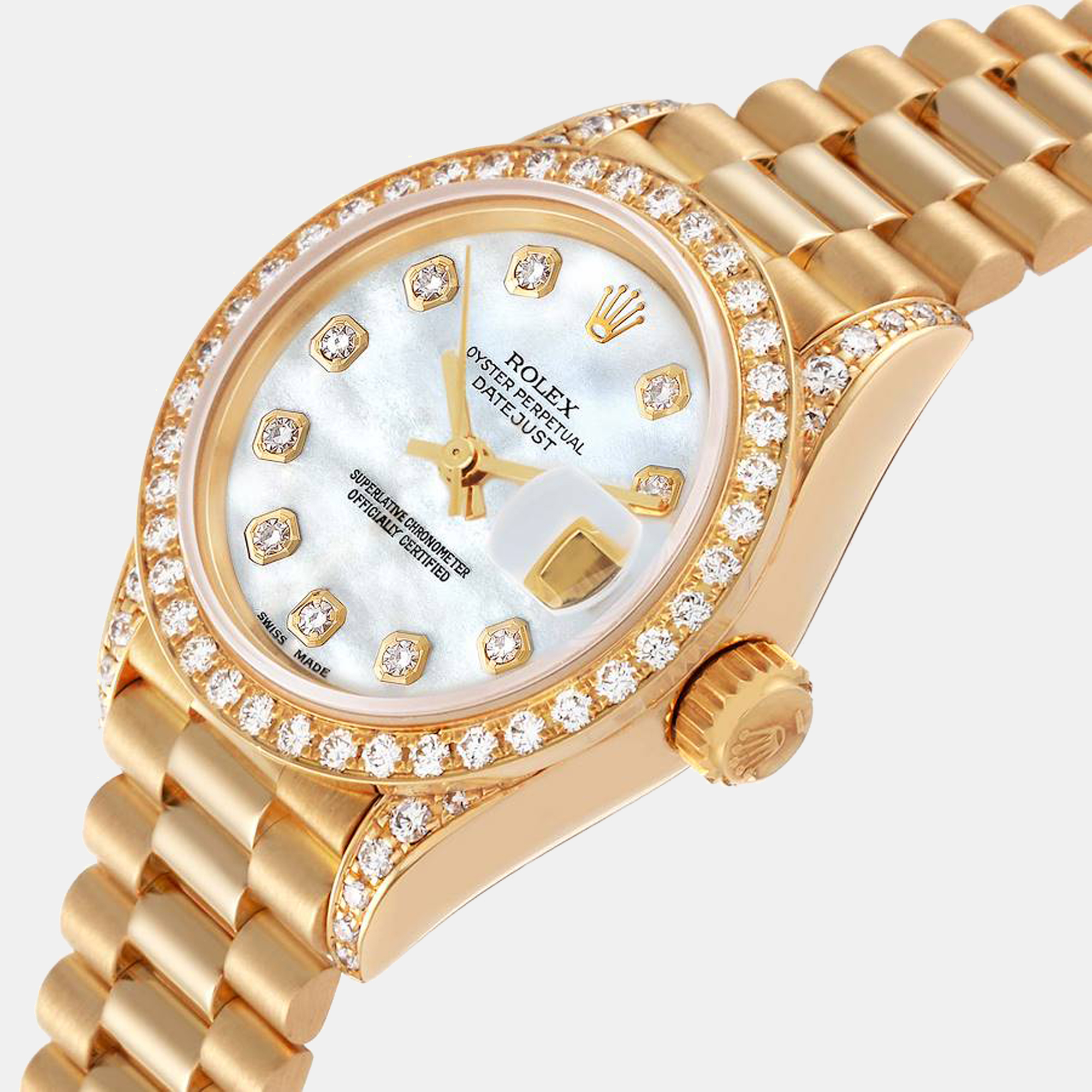 

Rolex MOP Diamonds 18K Yellow Gold President Datejust 69158 Women's Wristwatch 26 mm, White