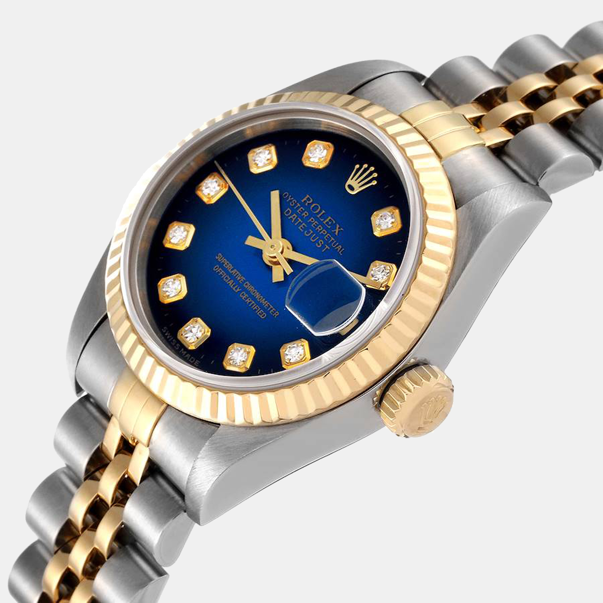 

Rolex Blue Diamonds 18K Yellow Gold And Stainless Steel Datejust 69173 Women's Wristwatch 26 mm