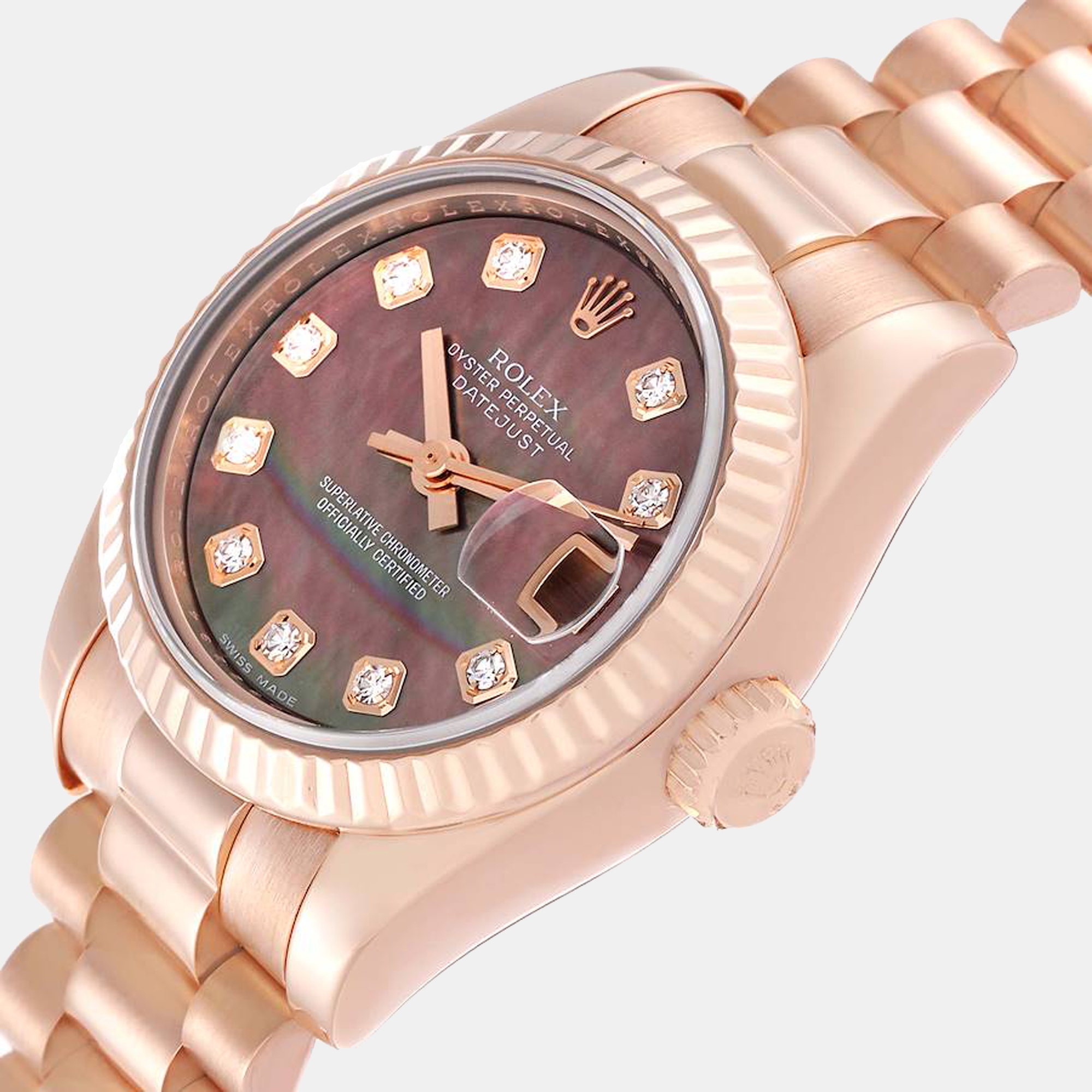 

Rolex MOP Brown Diamonds 18K Rose Gold President Datejust 179175 Women's Wristwatch 26 mm, White