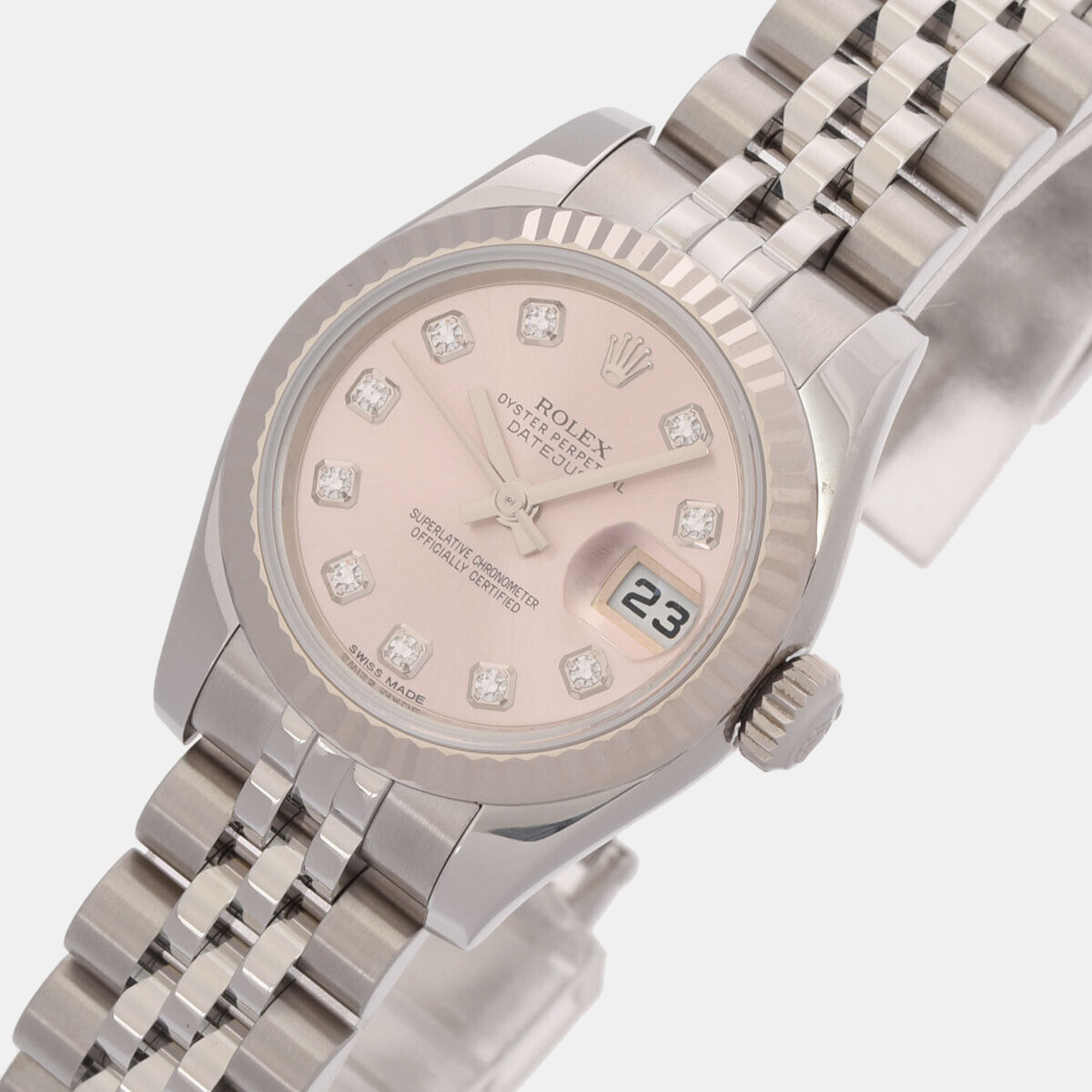 

Rolex Pink Diamonds 18K White Gold And Stainless Steel Datejust 179174 Women's Wristwatch 26 mm