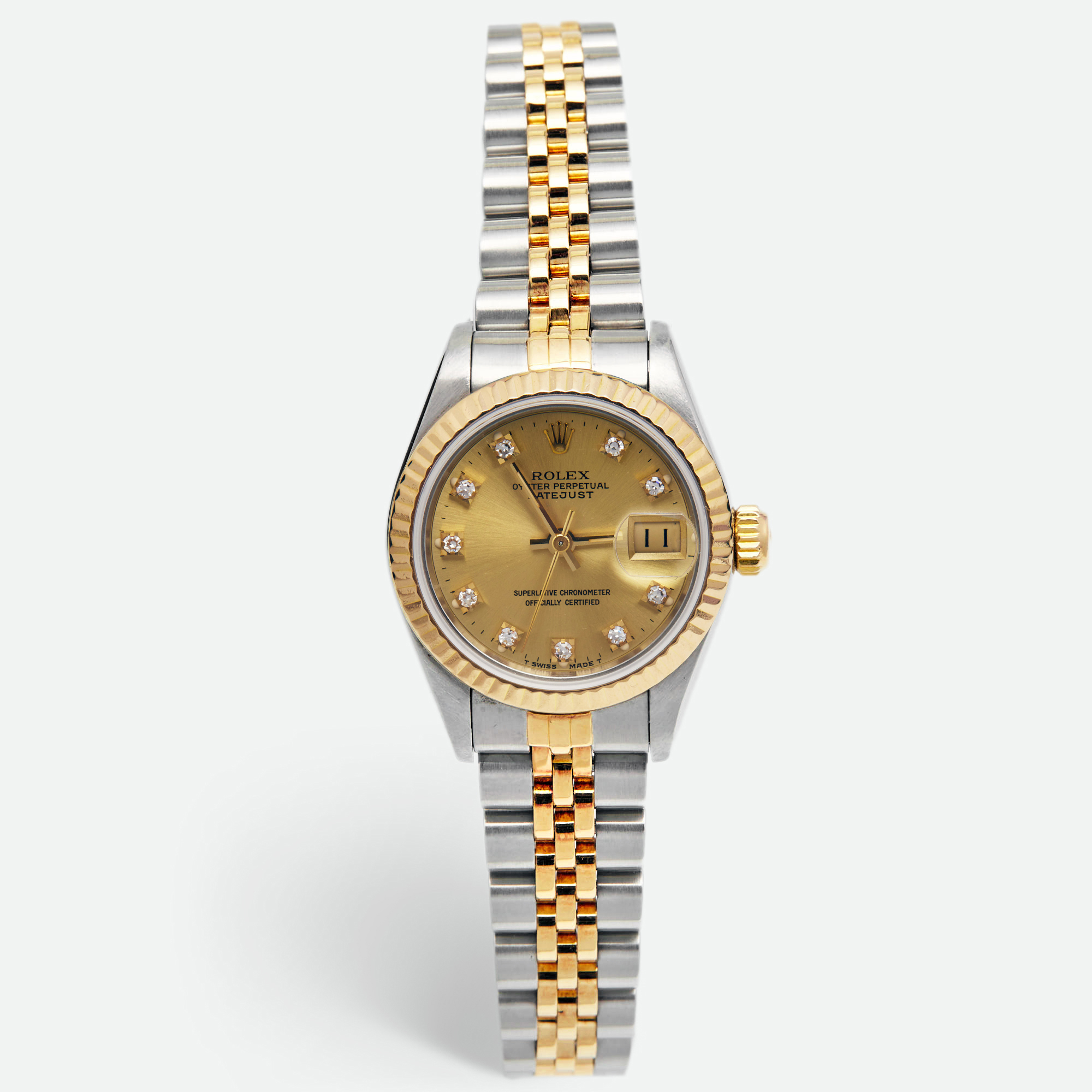 Pre Owned Rolex Champagne Diamonds 18K Yellow Gold Stainless Steel Datejust 69173 Women's Wristwatch 26 mm