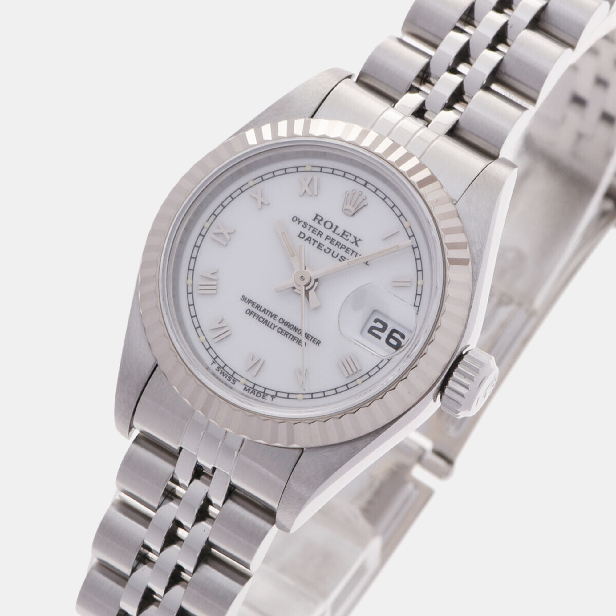 

Rolex White 18k White Gold And Stainless Steel Datejust 69174 Automatic Women's Wristwatch 26 mm